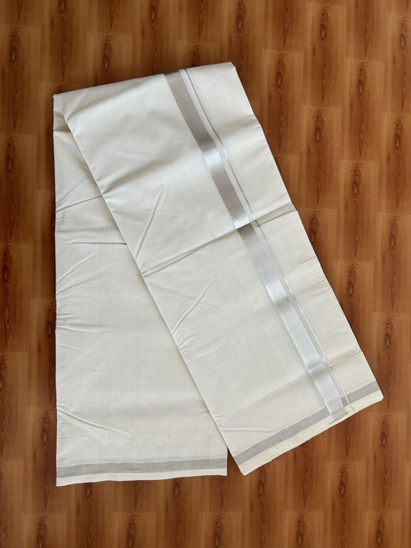 25% Discount! KaithariKada Handloom Millpaav - Kerala Handloom - Cotton Double Mundu/Dhoti Off white (Unbleached) - 80x90 - 1 inch Silver Kasav Kara 4.50 meter (10 Muzham) - 94 KK5383 RAM