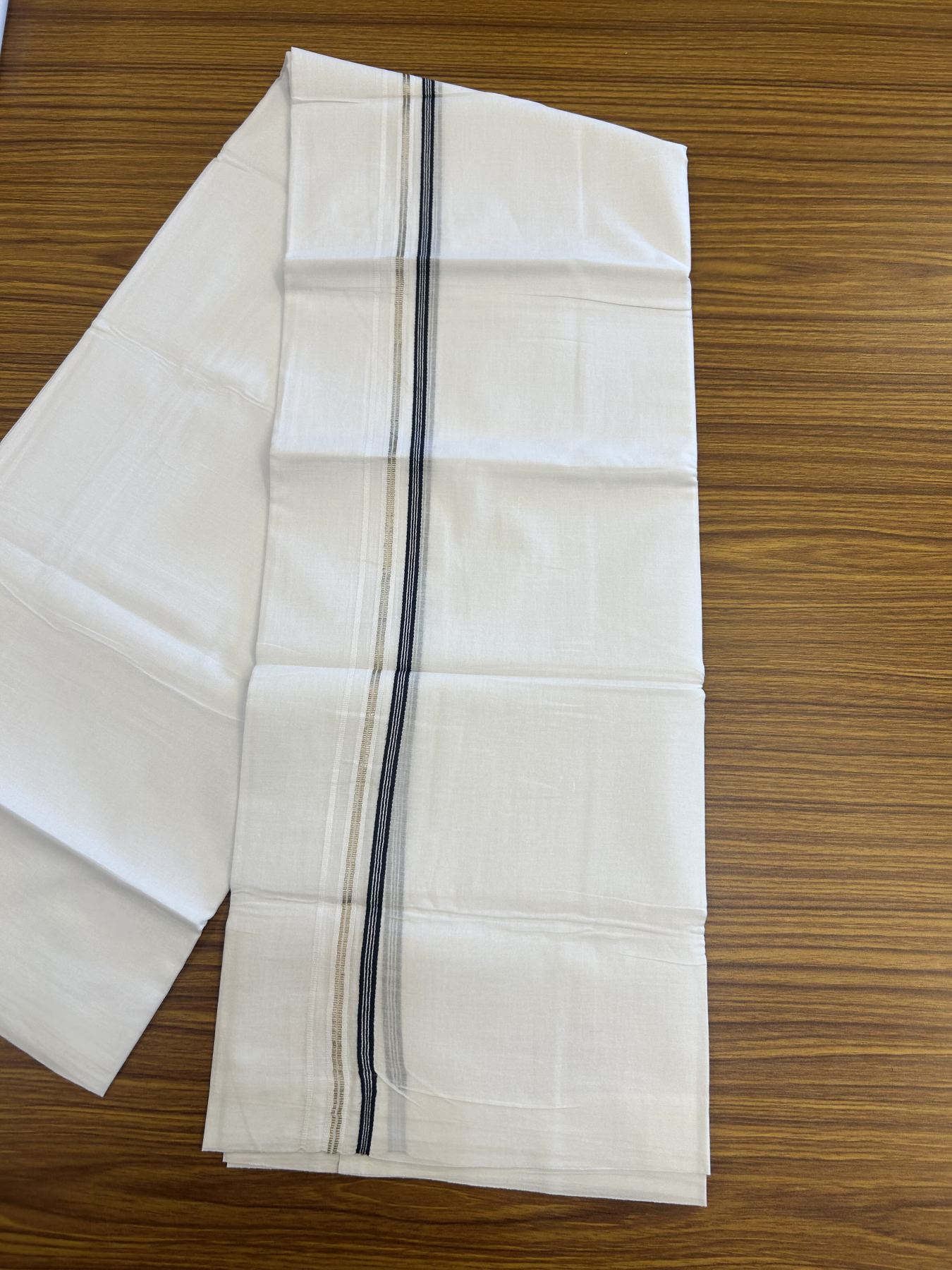 20% Discount! KaithariKada Balaramapuram 100% Cotton Double Pure white Mundu/Dhoti- 100x80 - 1 cm Silver Navy Blue Striped One Side Double Chutty kara - 3.75 mtr ( 8 muzham) - 2 KK5315 VAS