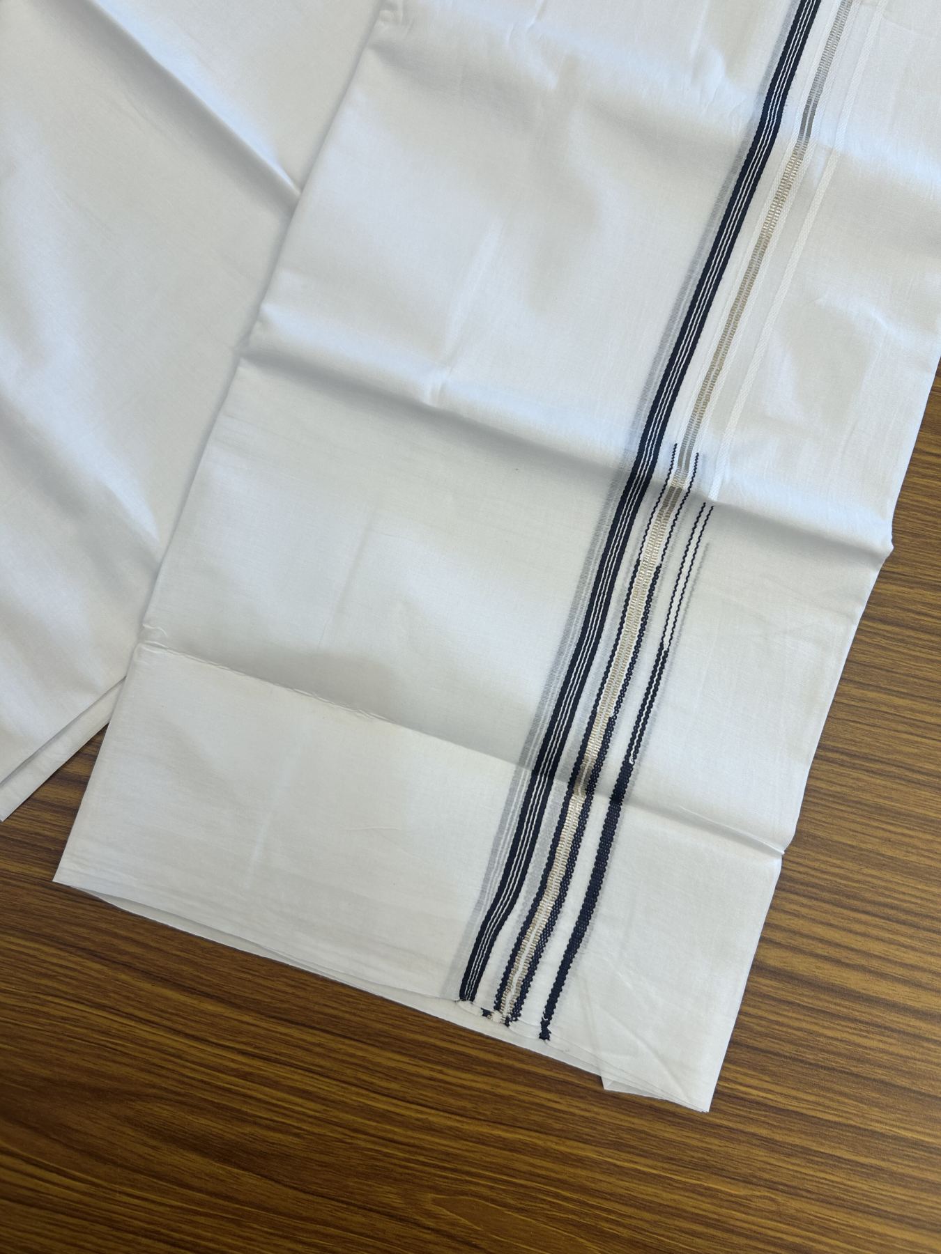 20% Discount! KaithariKada Balaramapuram 100% Cotton Double Pure white Mundu/Dhoti- 100x80 - 1 cm Silver Navy Blue Striped One Side Double Chutty kara - 3.75 mtr ( 8 muzham) - 2 KK5315 VAS