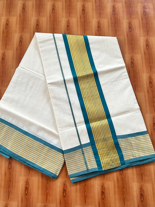 25% Discount! Kaitharikada Kerala Traditional Saree Off white- Mixed Cotton Kasavu Saree - 4 Inch  Pallu - Gold Kasav & Peacock Green Striped Kara - 10 KK7000 PMC