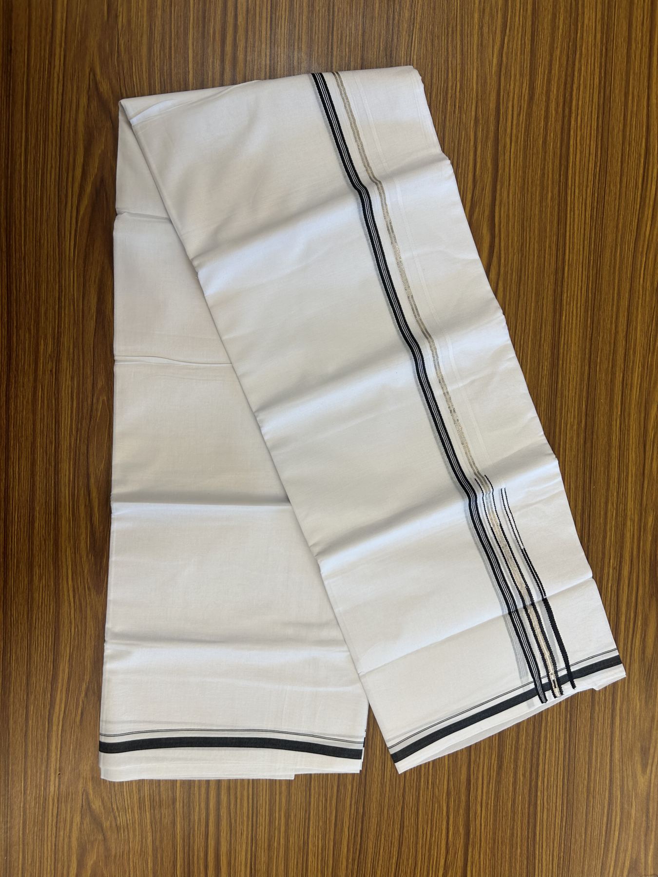 20% Discount! KaithariKada Balaramapuram 100% Cotton Double Pure white Mundu/Dhoti- 100x80 - 1 cm Silver Black Striped One Side Double Chutty kara - 3.75 mtr ( 8 muzham) - 1 KK5315 VAS