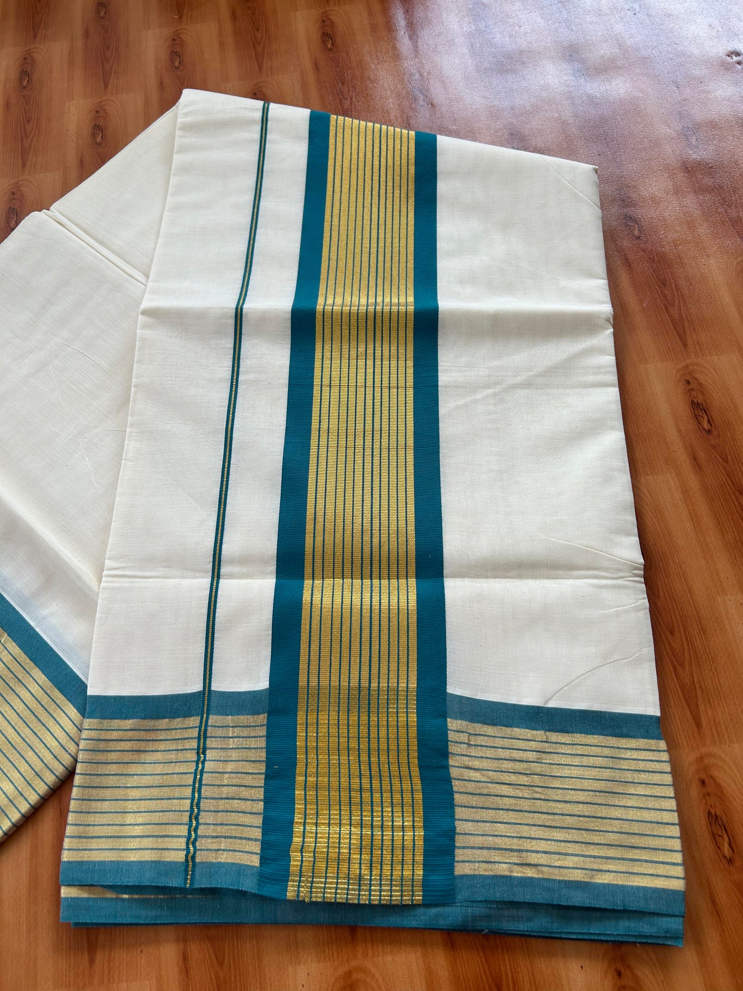 25% Discount! Kaitharikada Kerala Traditional Saree Off white- Mixed Cotton Kasavu Saree - 4 Inch  Pallu - Gold Kasav & Peacock Green Striped Kara - 10 KK7000 PMC