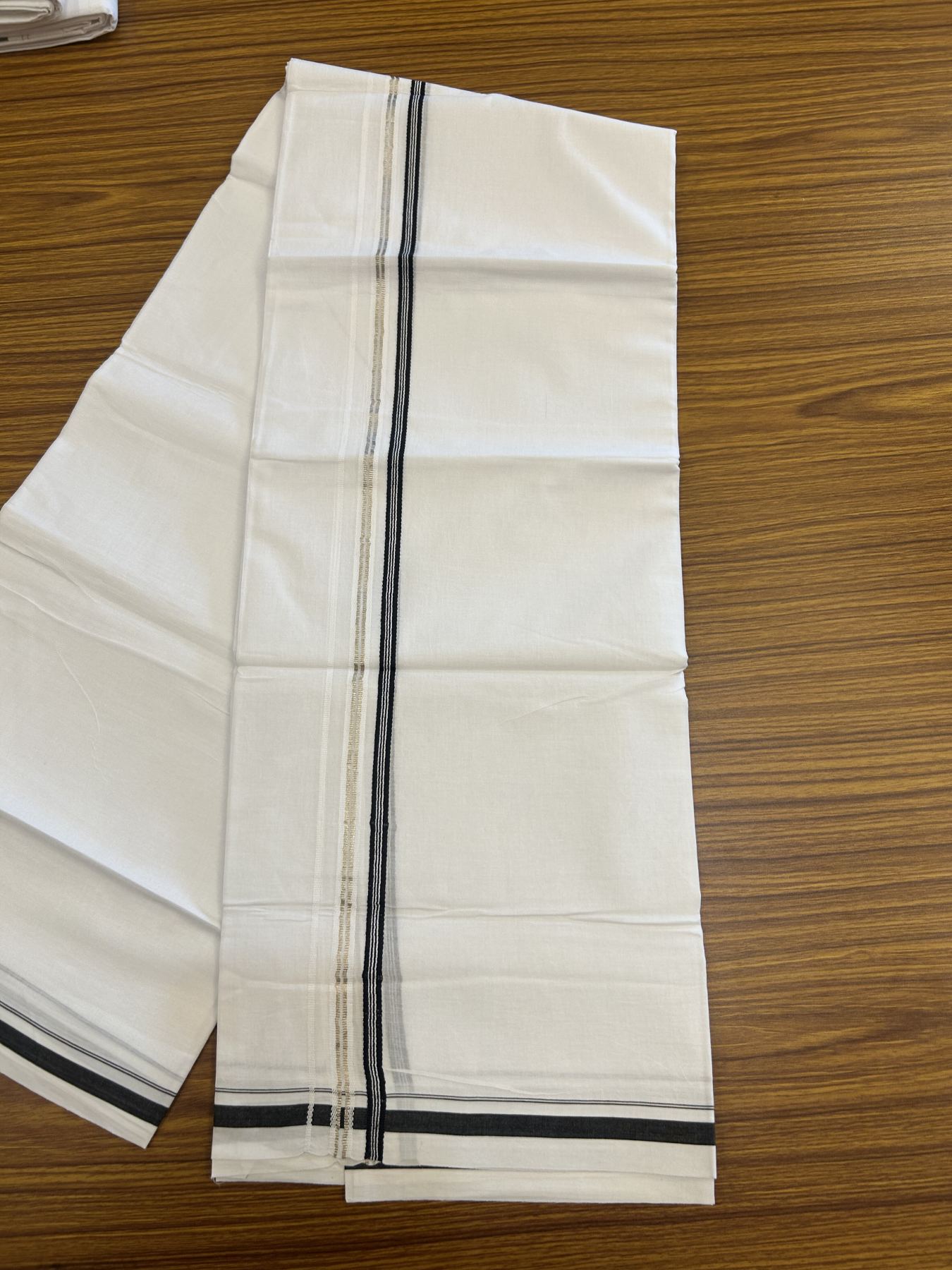 20% Discount! KaithariKada Balaramapuram 100% Cotton Double Pure white Mundu/Dhoti- 100x80 - 1 cm Silver Black Striped One Side Double Chutty kara - 3.75 mtr ( 8 muzham) - 1 KK5315 VAS