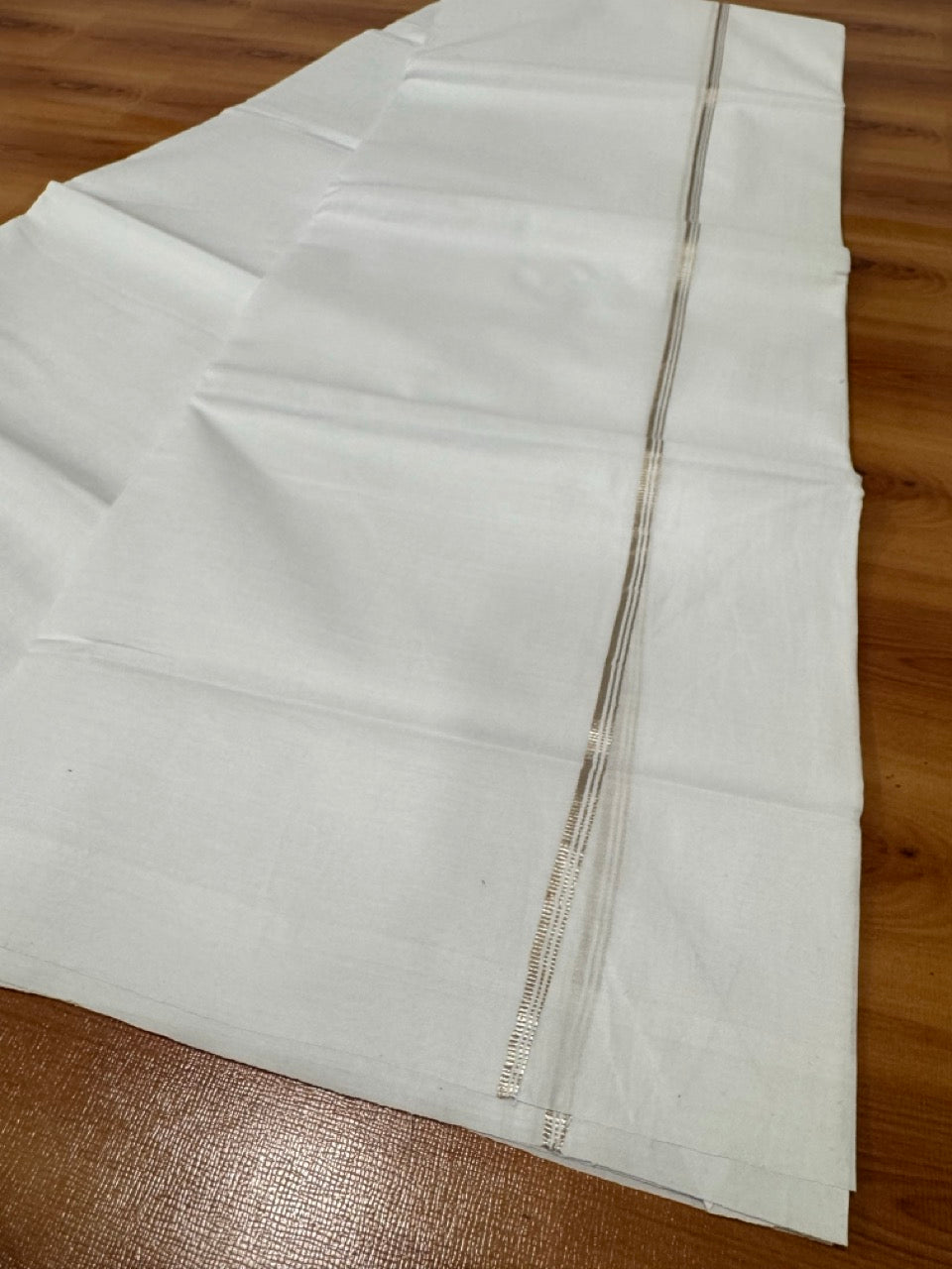 Pure white Double Mundu/Dhoti - 20% Discount! KaithariKada 100% Cotton - 100X80 - 4mm Silver Kasav Kara - 3.90 mtr (8.5 muzham) - 1 KK5484 MC