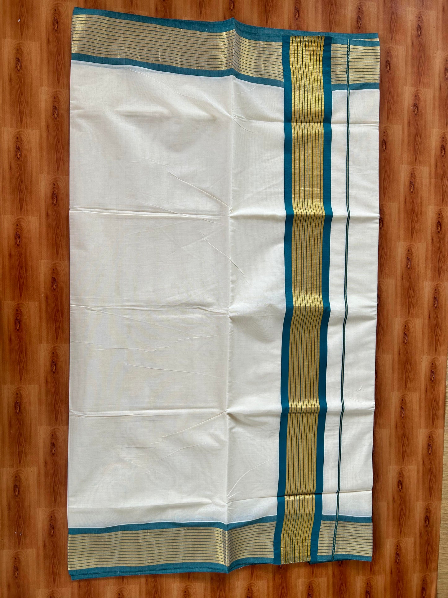 25% Discount! Kaitharikada Kerala Traditional Saree Off white- Mixed Cotton Kasavu Saree - 4 Inch  Pallu - Gold Kasav & Peacock Green Striped Kara - 10 KK7000 PMC