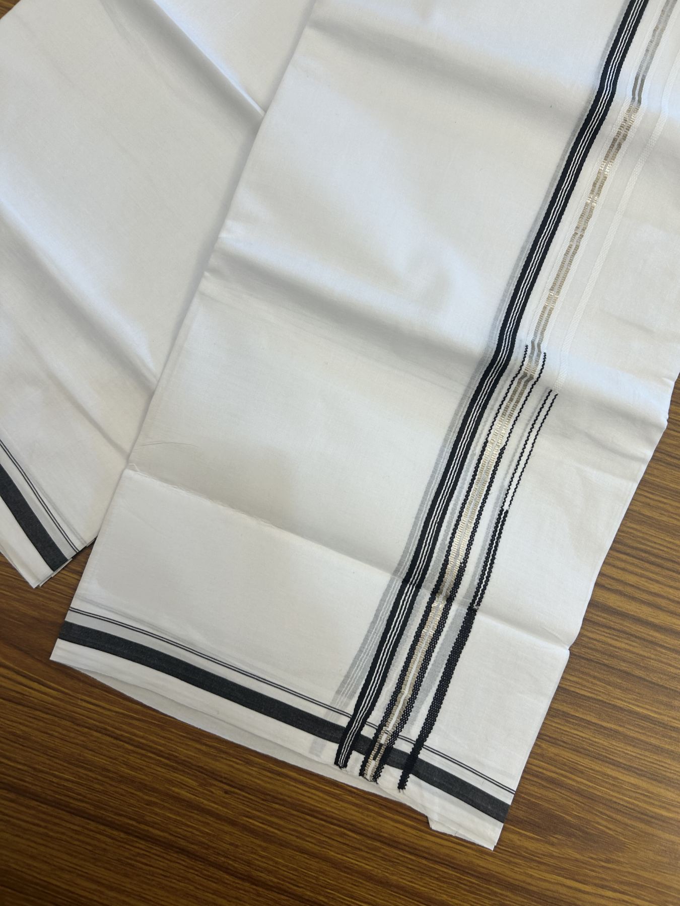 20% Discount! KaithariKada Balaramapuram 100% Cotton Double Pure white Mundu/Dhoti- 100x80 - 1 cm Silver Black Striped One Side Double Chutty kara - 3.75 mtr ( 8 muzham) - 1 KK5315 VAS