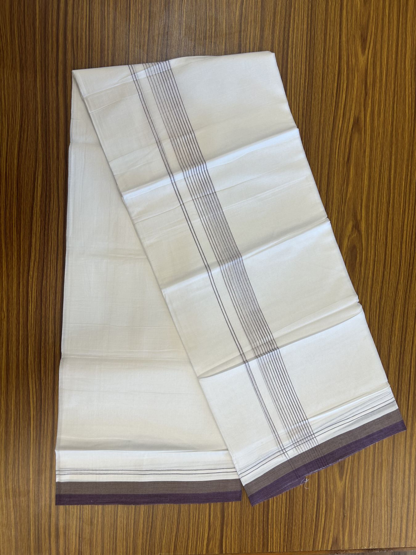 20% Discount ! Kaitharikada Balaramapuram 100% Cotton Pure White Double Mundu/Dothi - 100x80 - 1.75 inch Brown & Wine Purple Stripes Kara 4 mtr (8.5 muzham) - 49 KK5315 VAS