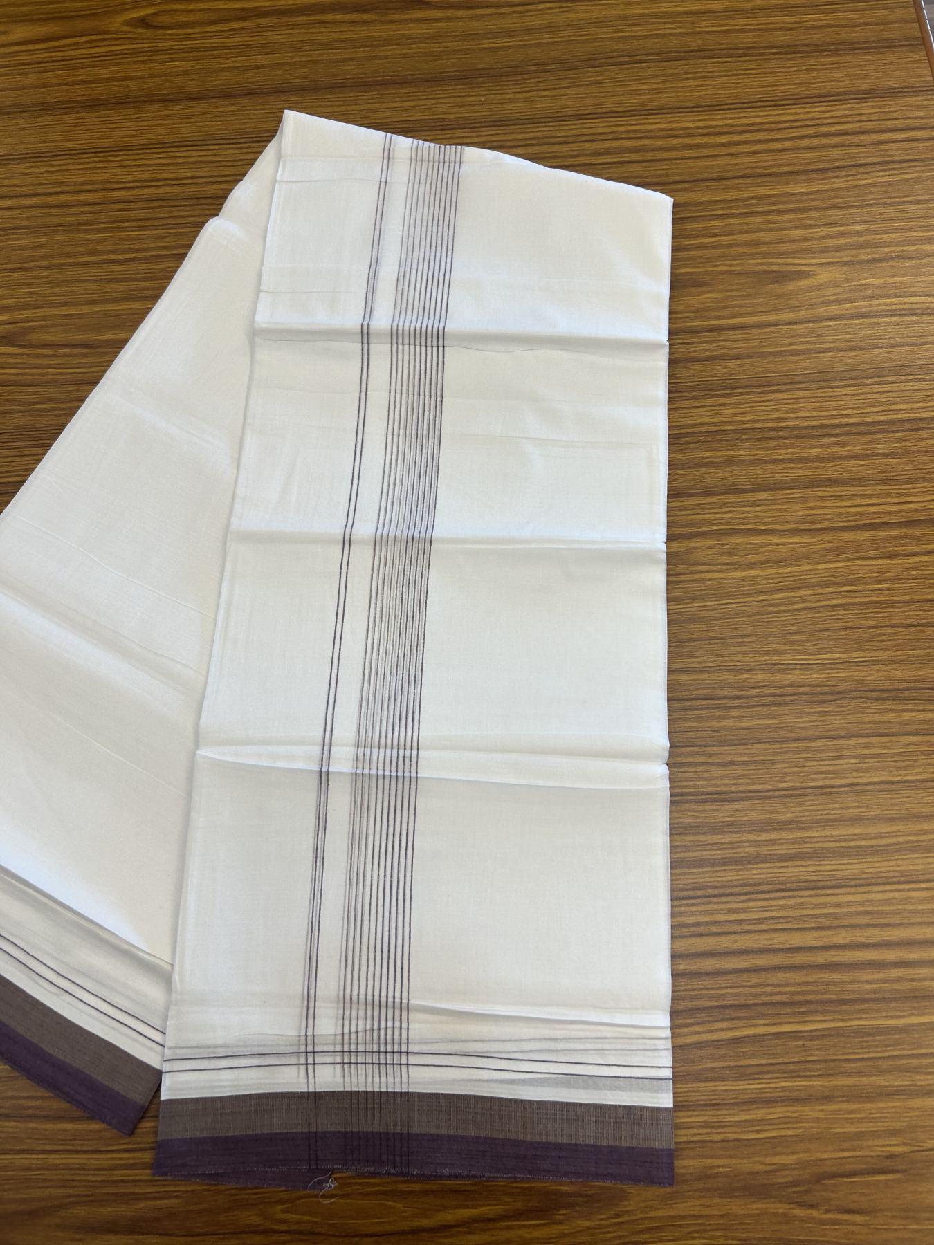 20% Discount ! Kaitharikada Balaramapuram 100% Cotton Pure White Double Mundu/Dothi - 100x80 - 1.75 inch Brown & Wine Purple Stripes Kara 4 mtr (8.5 muzham) - 49 KK5315 VAS