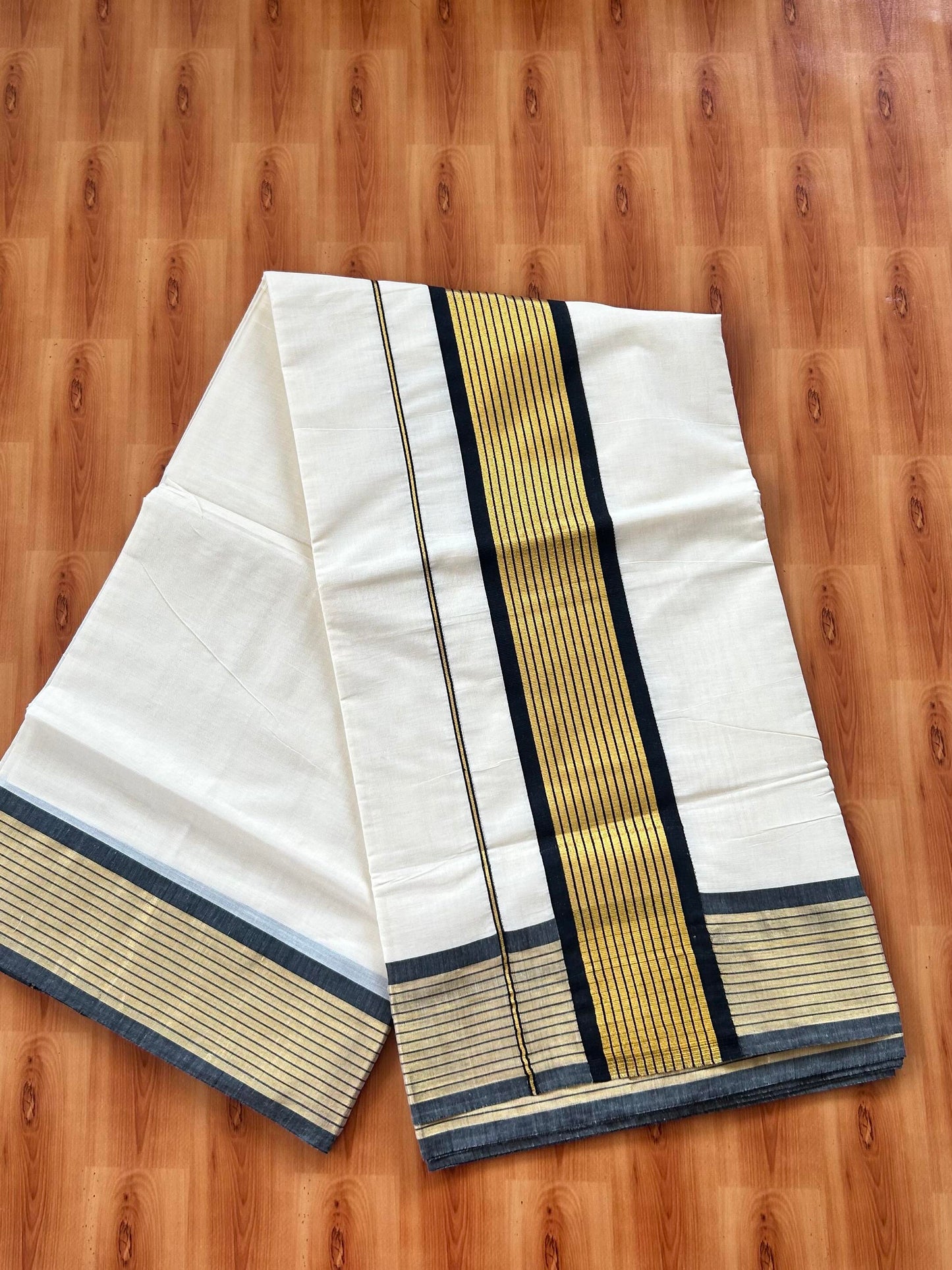 25% Discount! Kaitharikada Kerala Traditional Saree Off white- Mixed Cotton Kasavu Saree - 4 Inch  Pallu - Gold Kasav & Black Striped Kara - 7 KK7000 PMC