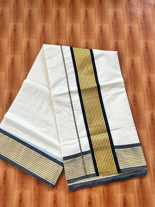 25% Discount! Kaitharikada Kerala Traditional Saree Off white- Mixed Cotton Kasavu Saree - 4 Inch  Pallu - Gold Kasav & Black Striped Kara - 7 KK7000 PMC