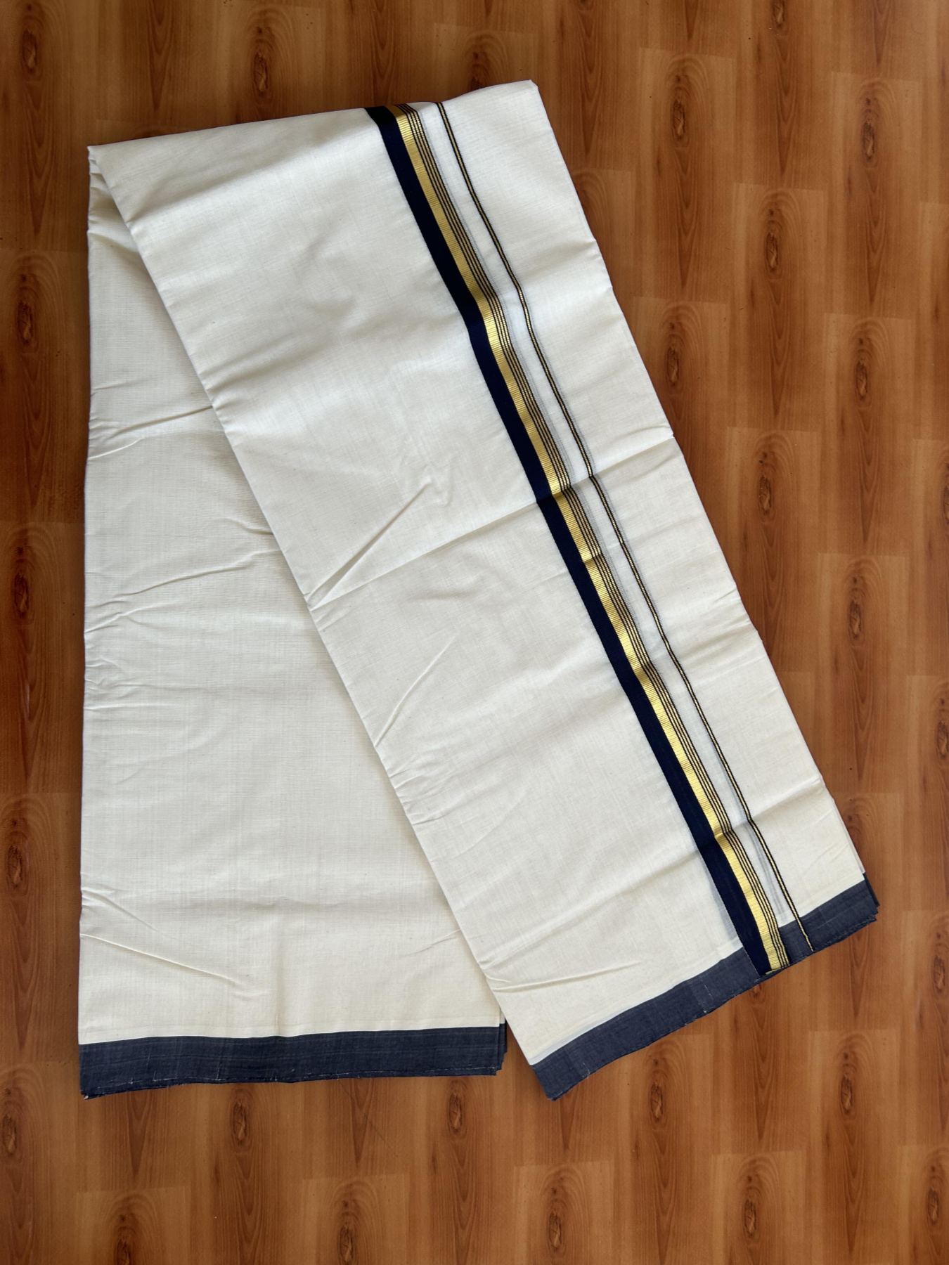25% Discount! KaithariKada Handloom Millpaav - Kerala Handloom - Cotton Double Mundu/Dhoti Off white (Unbleached) - 80x90 - 1 inch Gold Kasav Navy Blue Stripes Kara 4.50 meter (10 Muzham) - 98 KK5383 RAM