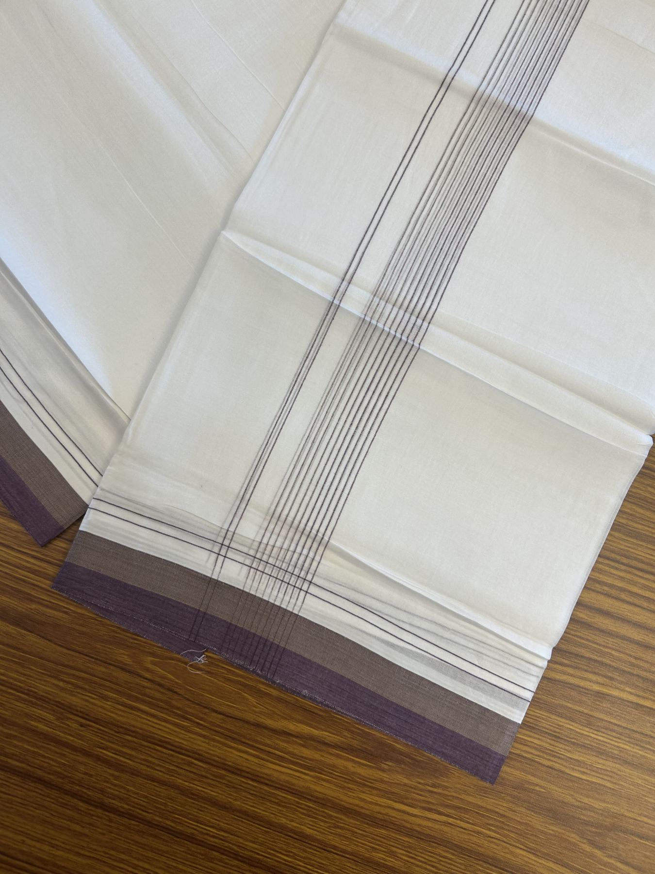 20% Discount ! Kaitharikada Balaramapuram 100% Cotton Pure White Double Mundu/Dothi - 100x80 - 1.75 inch Brown & Wine Purple Stripes Kara 4 mtr (8.5 muzham) - 49 KK5315 VAS