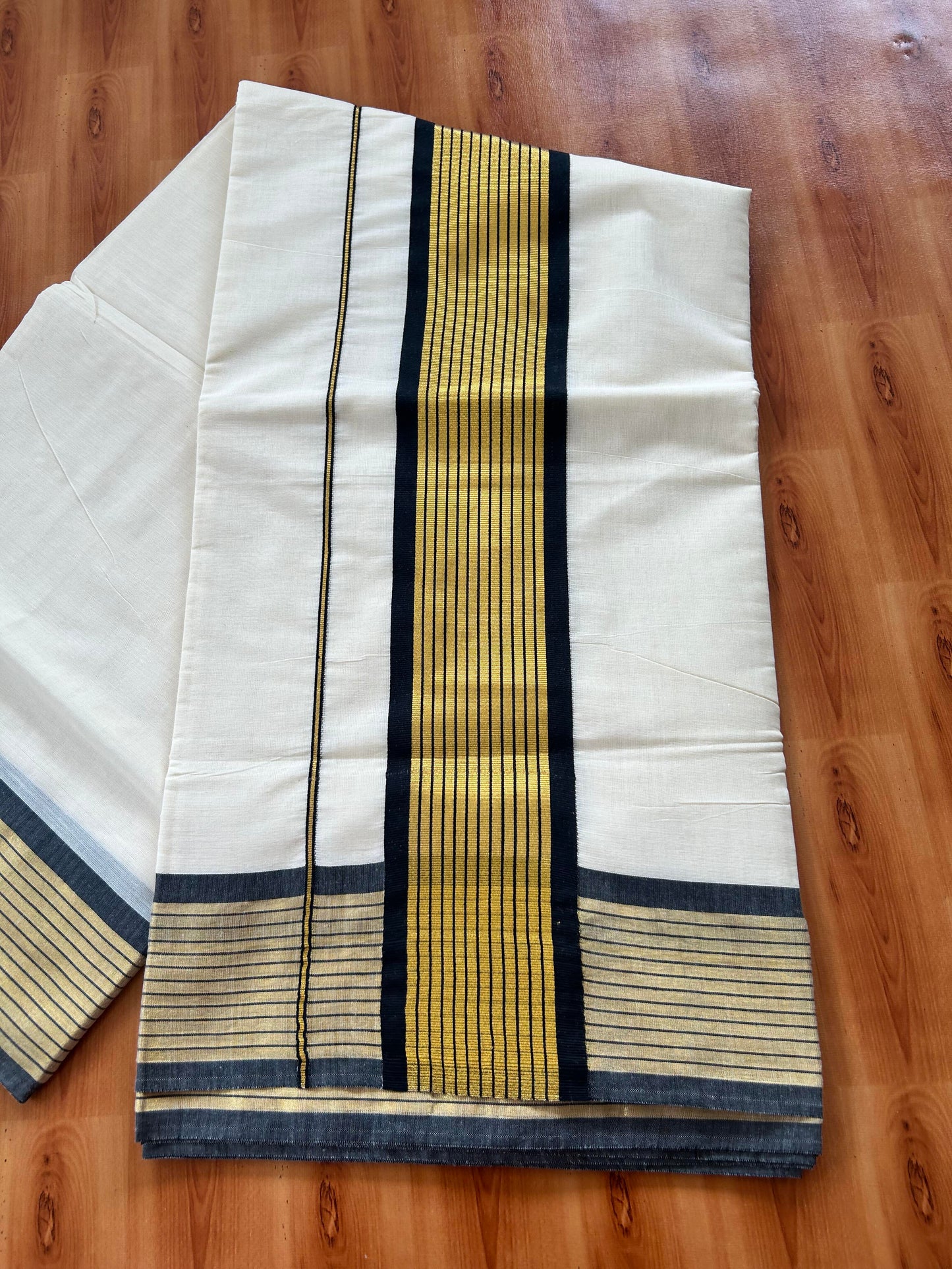 25% Discount! Kaitharikada Kerala Traditional Saree Off white- Mixed Cotton Kasavu Saree - 4 Inch  Pallu - Gold Kasav & Black Striped Kara - 7 KK7000 PMC