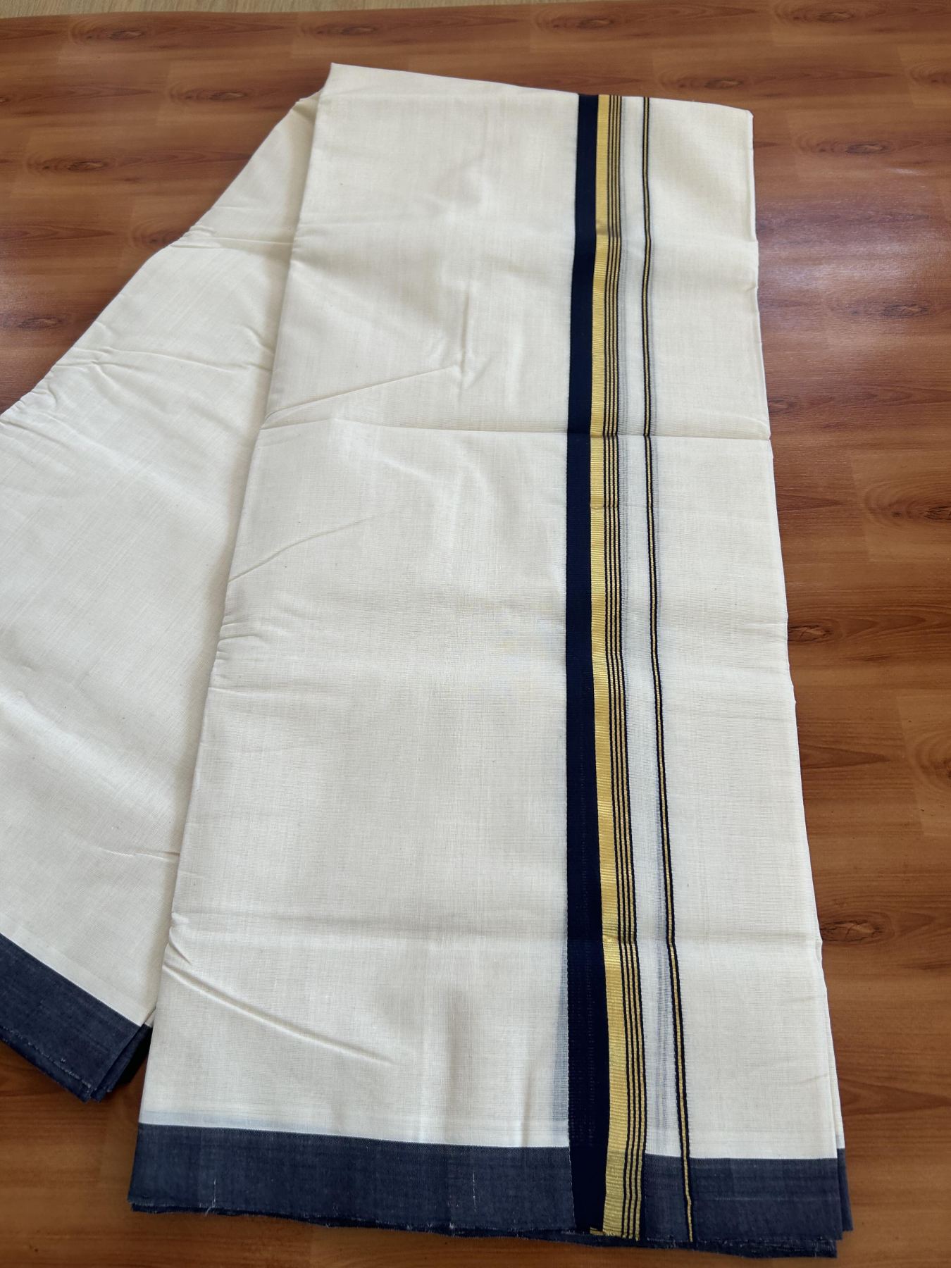 25% Discount! KaithariKada Handloom Millpaav - Kerala Handloom - Cotton Double Mundu/Dhoti Off white (Unbleached) - 80x90 - 1 inch Gold Kasav Navy Blue Stripes Kara 4.50 meter (10 Muzham) - 98 KK5383 RAM