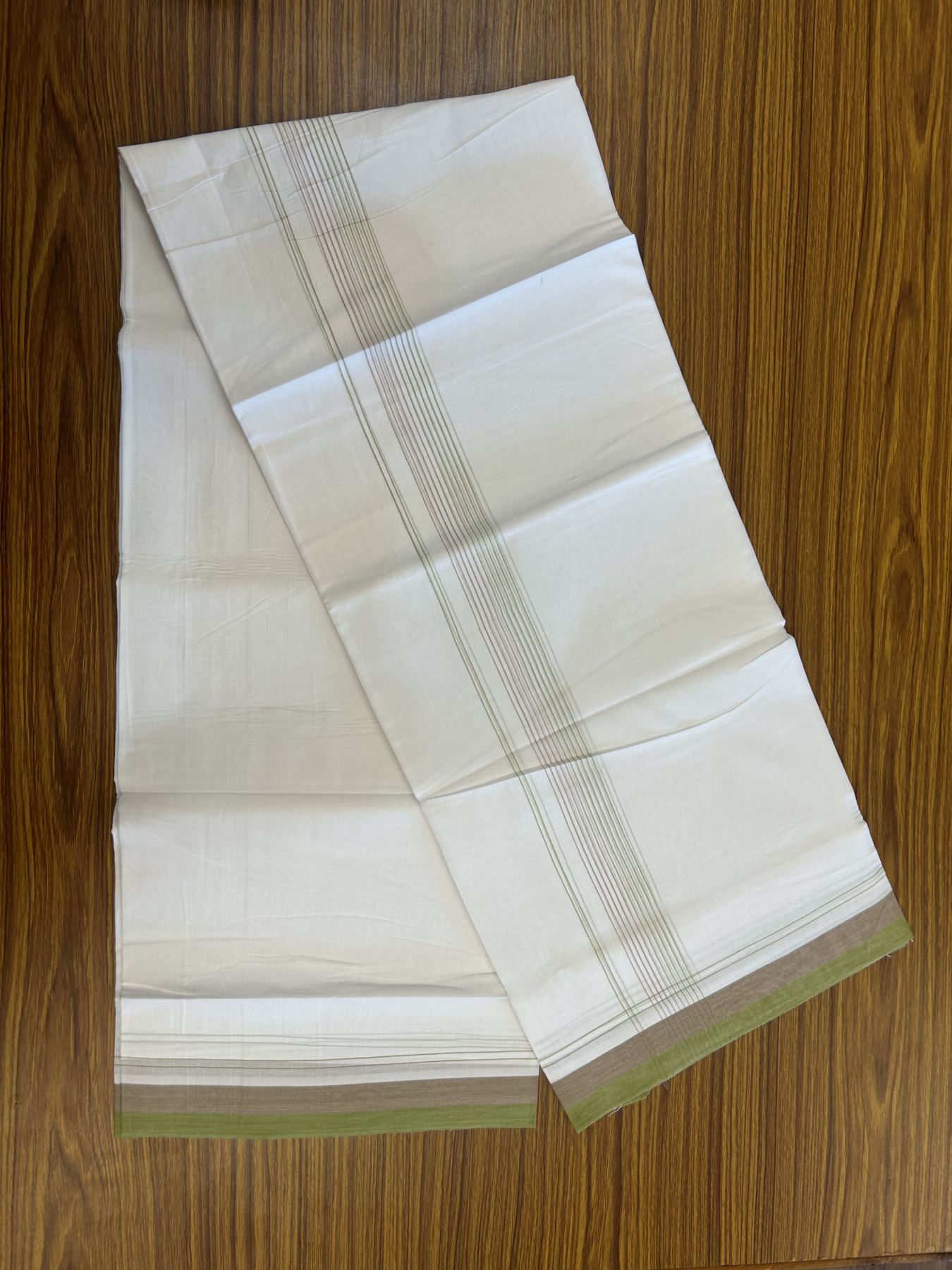 20% Discount ! Kaitharikada Balaramapuram 100% Cotton Pure White Double Mundu/Dothi - 100x80 - 1.75 inch Light Green & Peach Brown Stripes Kara 4 mtr (8.5 muzham) - 50 KK5315 VAS