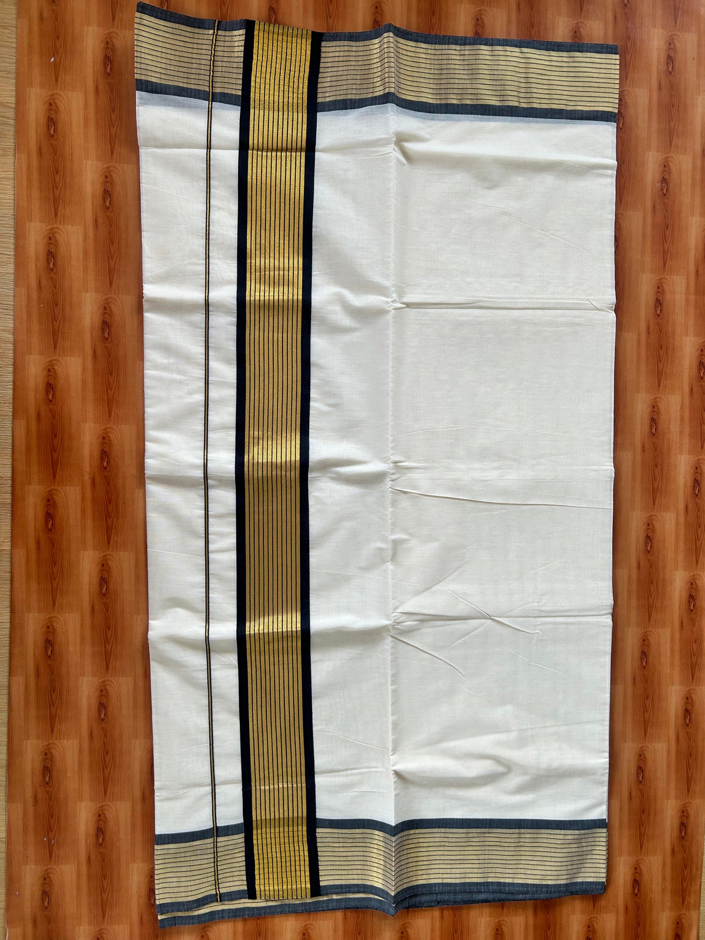 25% Discount! Kaitharikada Kerala Traditional Saree Off white- Mixed Cotton Kasavu Saree - 4 Inch  Pallu - Gold Kasav & Black Striped Kara - 7 KK7000 PMC