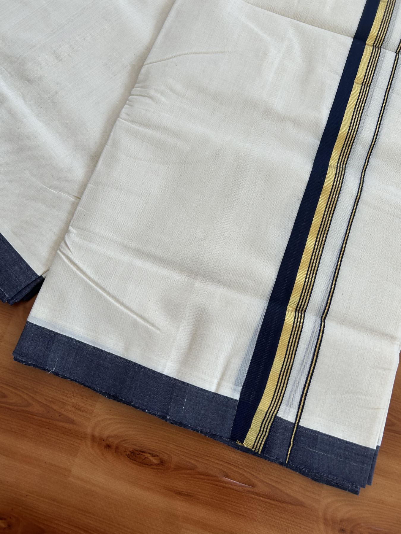 25% Discount! KaithariKada Handloom Millpaav - Kerala Handloom - Cotton Double Mundu/Dhoti Off white (Unbleached) - 80x90 - 1 inch Gold Kasav Navy Blue Stripes Kara 4.50 meter (10 Muzham) - 98 KK5383 RAM