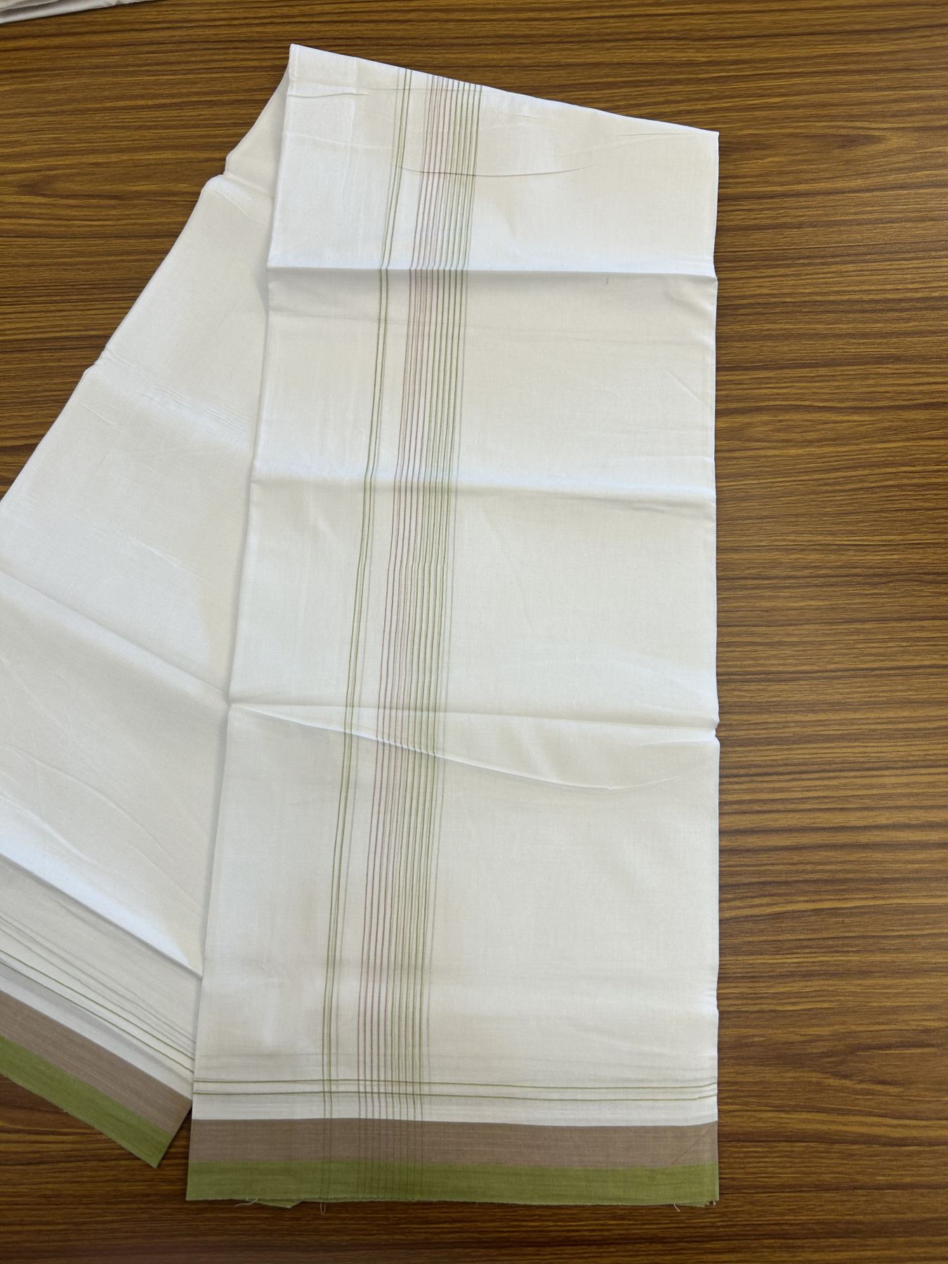 20% Discount ! Kaitharikada Balaramapuram 100% Cotton Pure White Double Mundu/Dothi - 100x80 - 1.75 inch Light Green & Peach Brown Stripes Kara 4 mtr (8.5 muzham) - 50 KK5315 VAS