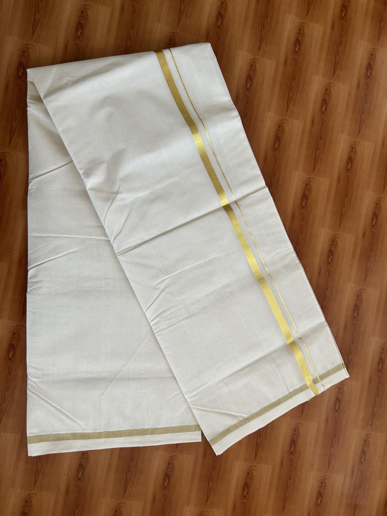 25% Discount! KaithariKada Handloom Millpaav - Kerala Handloom - Cotton Double Mundu/Dhoti Off white (Unbleached) - 80x90 -0.5 inch Gold Kasav Kara 4.50 meter (10 Muzham) - 96 KK5383 RAM