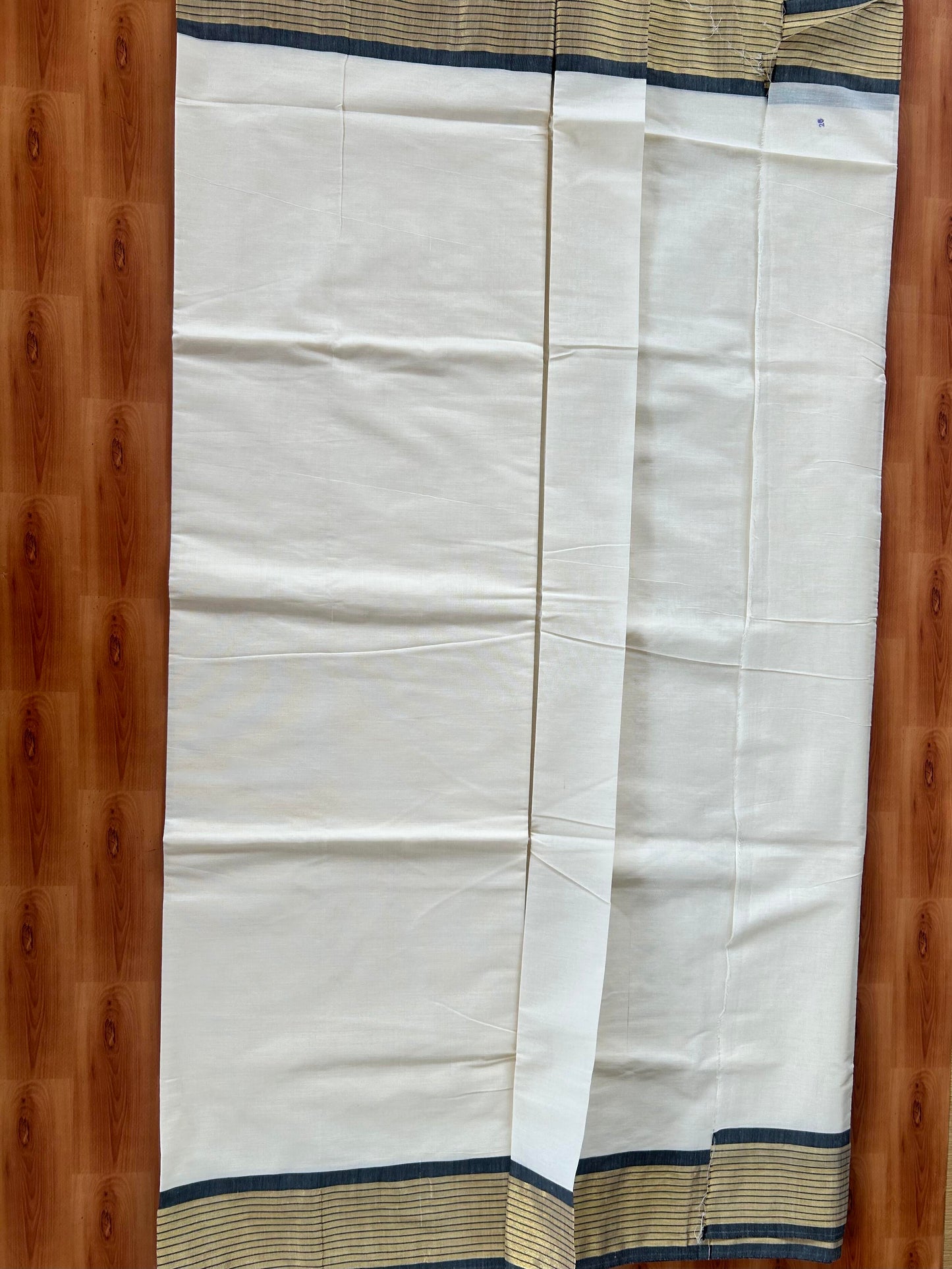25% Discount! Kaitharikada Kerala Traditional Saree Off white- Mixed Cotton Kasavu Saree - 4 Inch  Pallu - Gold Kasav & Black Striped Kara - 7 KK7000 PMC