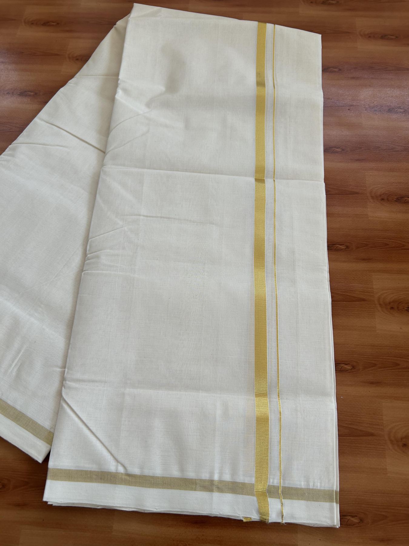 25% Discount! KaithariKada Handloom Millpaav - Kerala Handloom - Cotton Double Mundu/Dhoti Off white (Unbleached) - 80x90 -0.5 inch Gold Kasav Kara 4.50 meter (10 Muzham) - 96 KK5383 RAM