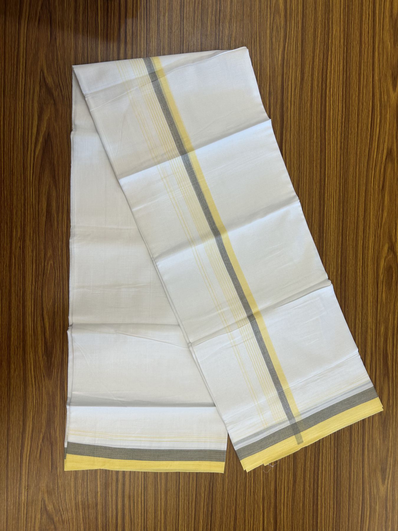 20% Discount! KaithariKada Balaramapuram 100% Cotton Double Pure white Mundu/Dhoti- 100x80 - 1.5 inch Navy Blue shaded Yellow striped kara - 3.75 mtr ( 8 muzham) - 55 KK5315 VAS