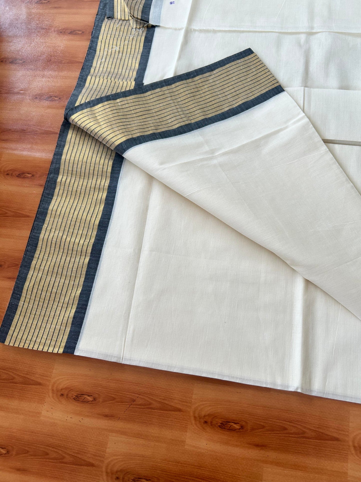 25% Discount! Kaitharikada Kerala Traditional Saree Off white- Mixed Cotton Kasavu Saree - 4 Inch  Pallu - Gold Kasav & Black Striped Kara - 7 KK7000 PMC