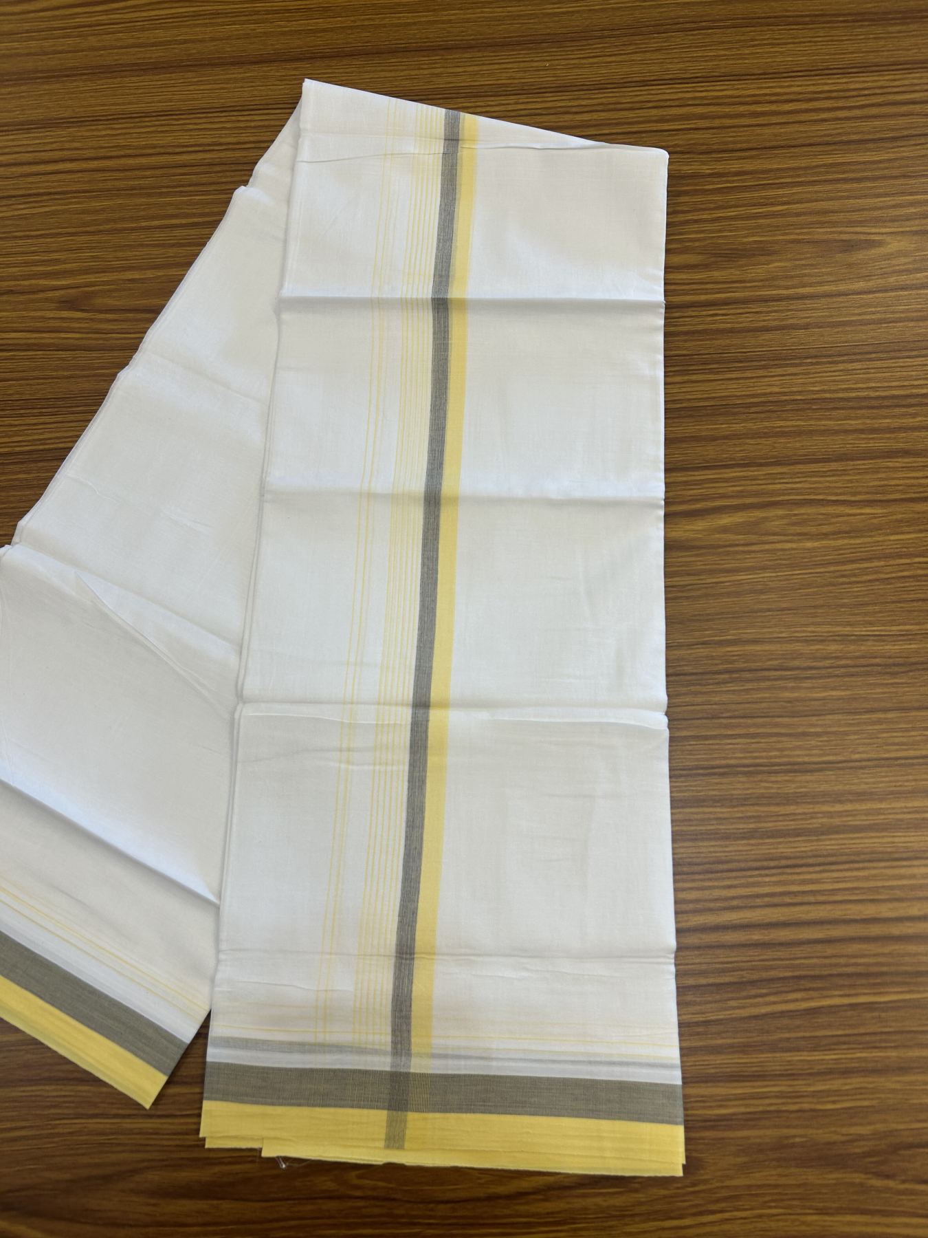 20% Discount! KaithariKada Balaramapuram 100% Cotton Double Pure white Mundu/Dhoti- 100x80 - 1.5 inch Navy Blue shaded Yellow striped kara - 3.75 mtr ( 8 muzham) - 55 KK5315 VAS