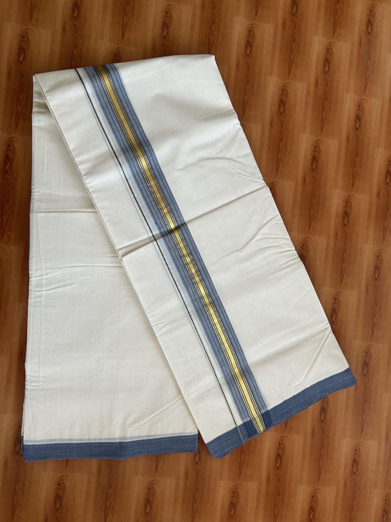 25% Discount! KaithariKada Handloom Millpaav - Kerala Handloom - Cotton Double Mundu/Dhoti Off white (Unbleached) - 80x90 - 1.75 inch Gold Kasav & Ash Blue Stripes Kara 4.50 meter (10 Muzham) - 99 KK5383 RAM