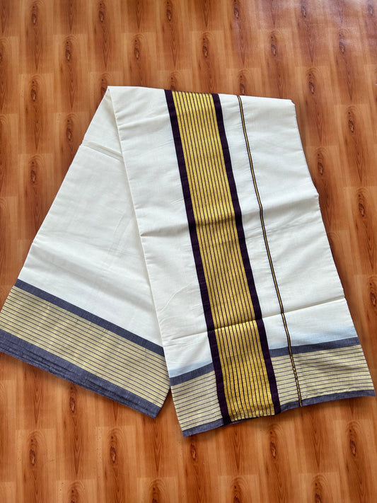 25% Discount! Kaitharikada Kerala Traditional Saree Off white- Mixed Cotton Kasavu Saree - 4 Inch  Pallu - Gold Kasav & Brown Striped Kara - 9 KK7000 PMC
