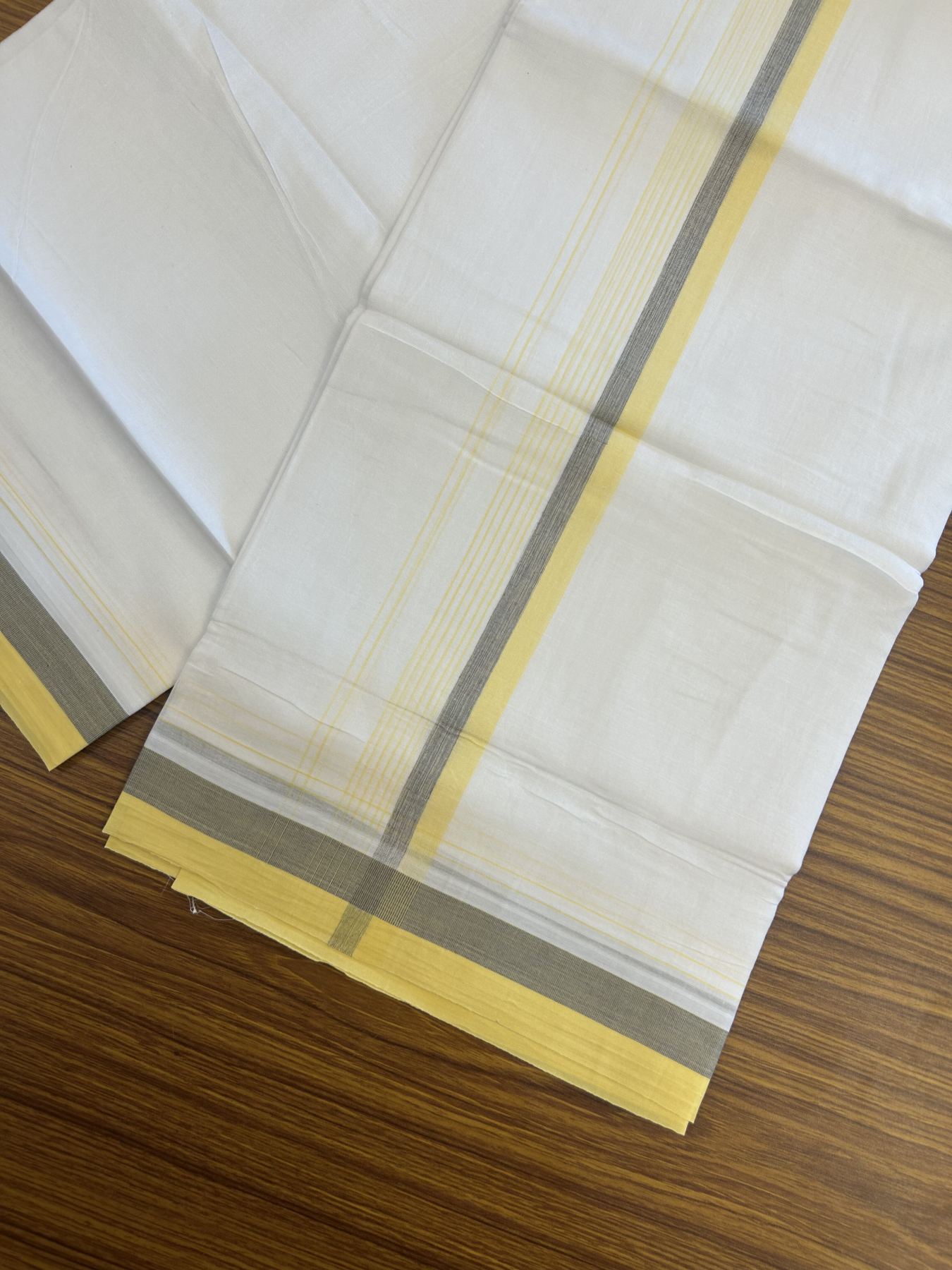 20% Discount! KaithariKada Balaramapuram 100% Cotton Double Pure white Mundu/Dhoti- 100x80 - 1.5 inch Navy Blue shaded Yellow striped kara - 3.75 mtr ( 8 muzham) - 55 KK5315 VAS