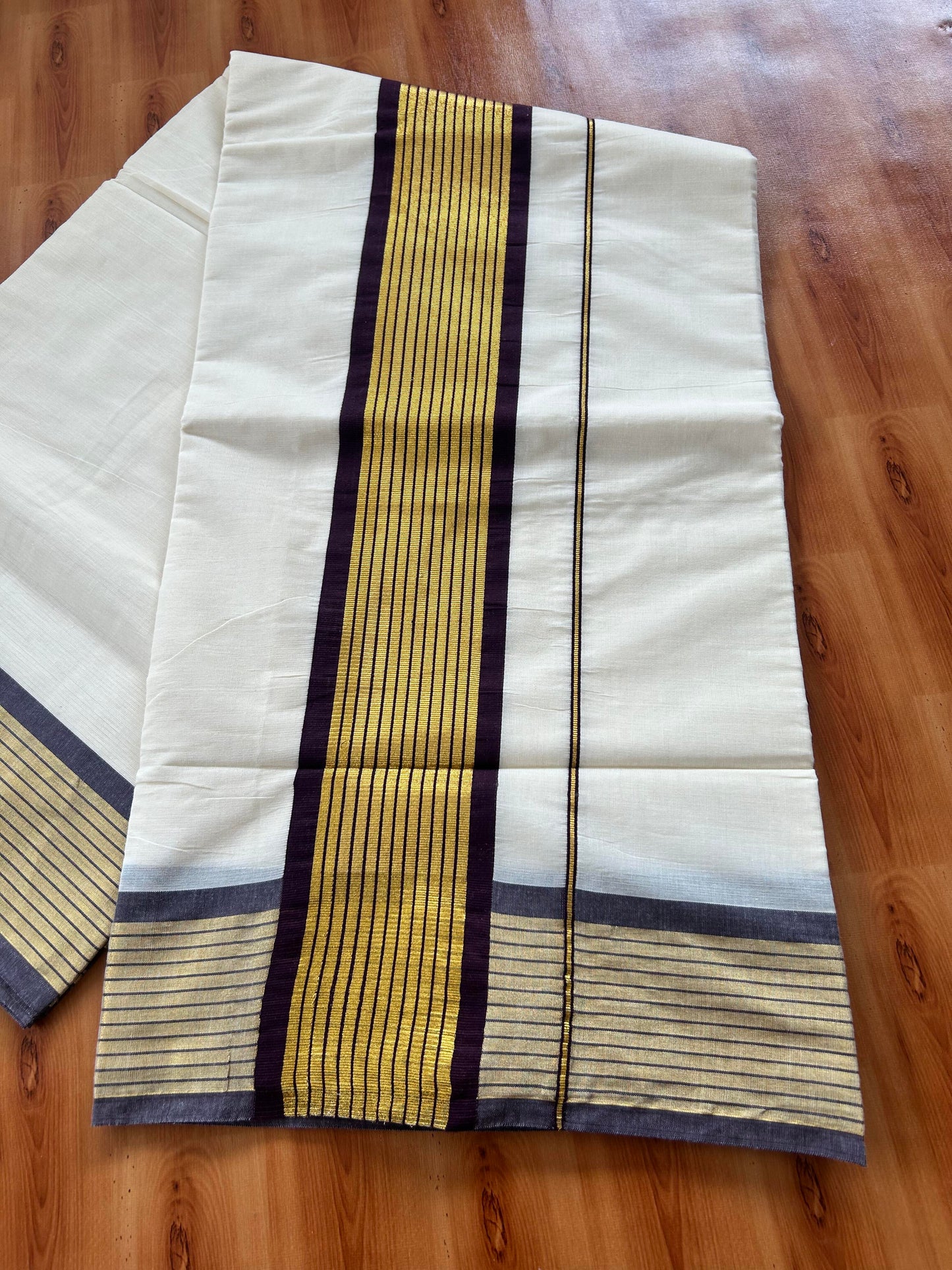 25% Discount! Kaitharikada Kerala Traditional Saree Off white- Mixed Cotton Kasavu Saree - 4 Inch  Pallu - Gold Kasav & Brown Striped Kara - 9 KK7000 PMC