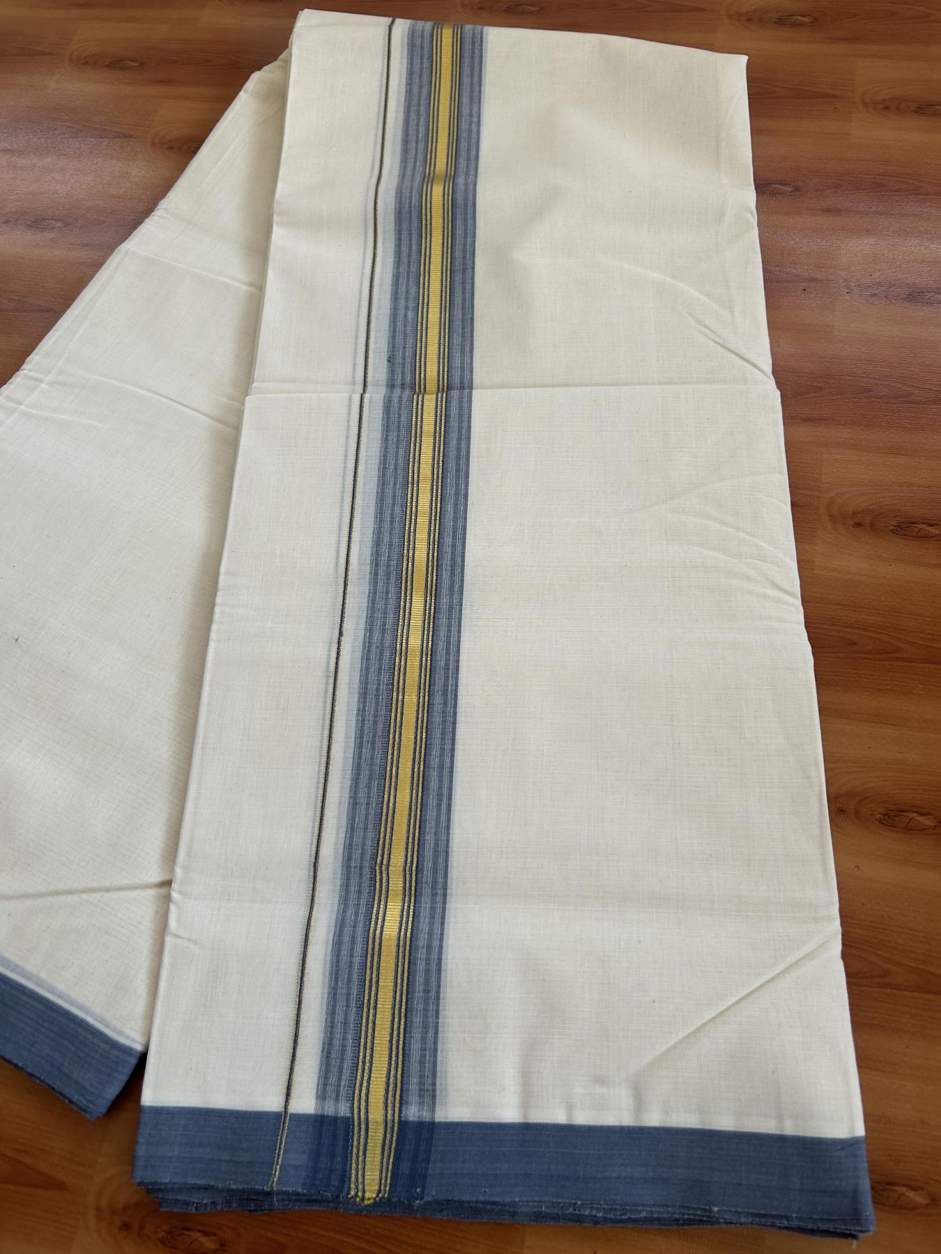 25% Discount! KaithariKada Handloom Millpaav - Kerala Handloom - Cotton Double Mundu/Dhoti Off white (Unbleached) - 80x90 - 1.75 inch Gold Kasav & Ash Blue Stripes Kara 4.50 meter (10 Muzham) - 99 KK5383 RAM