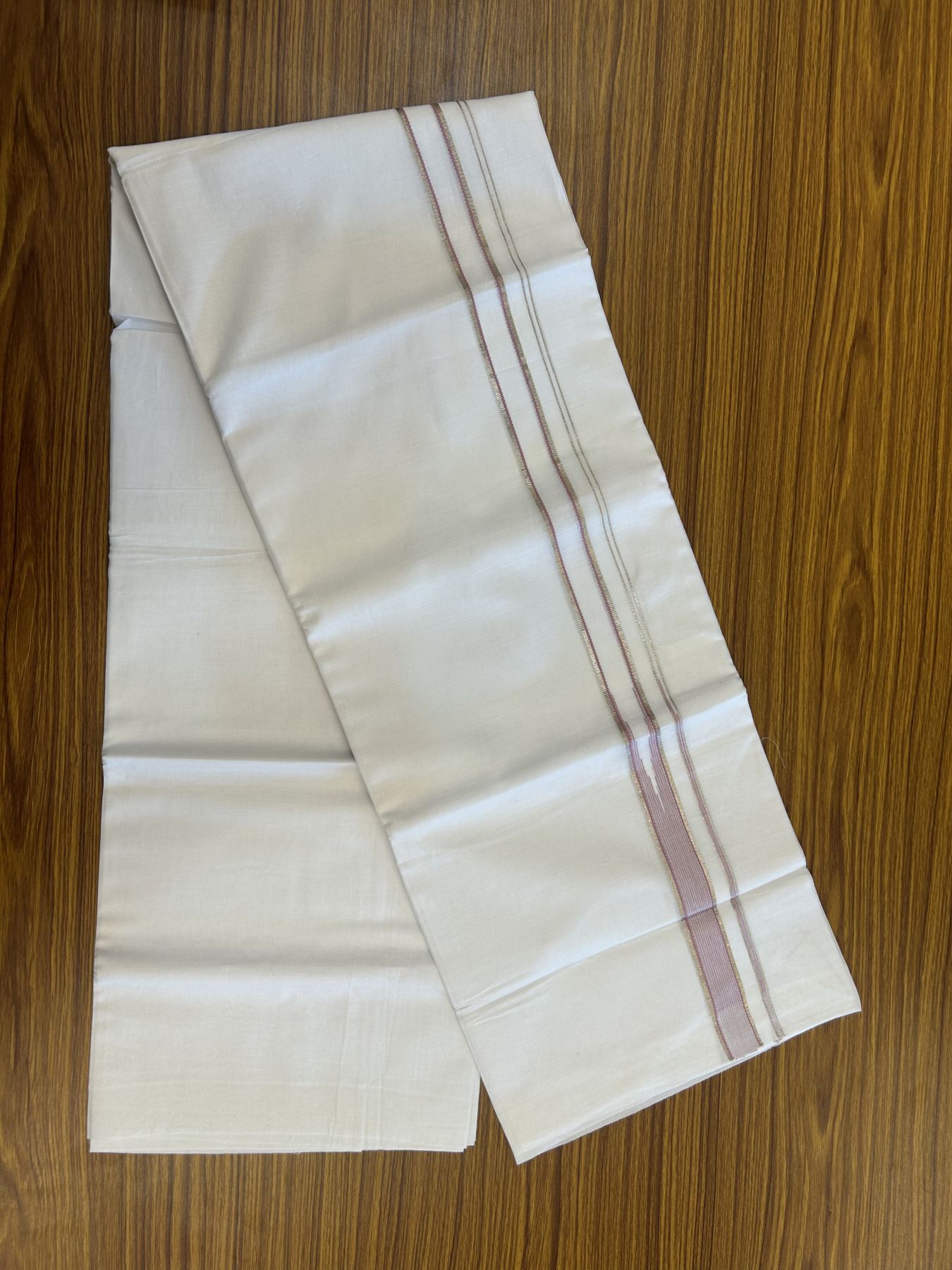 20% Discount! KaithariKada Balaramapuram 100% Cotton Double Pure white Mundu/Dhoti- 100x80 - 1 inch Silver Lavender Pink Striped One Side Chutty kara - 3.75 mtr ( 8 muzham) - 64 KK5315 VAS