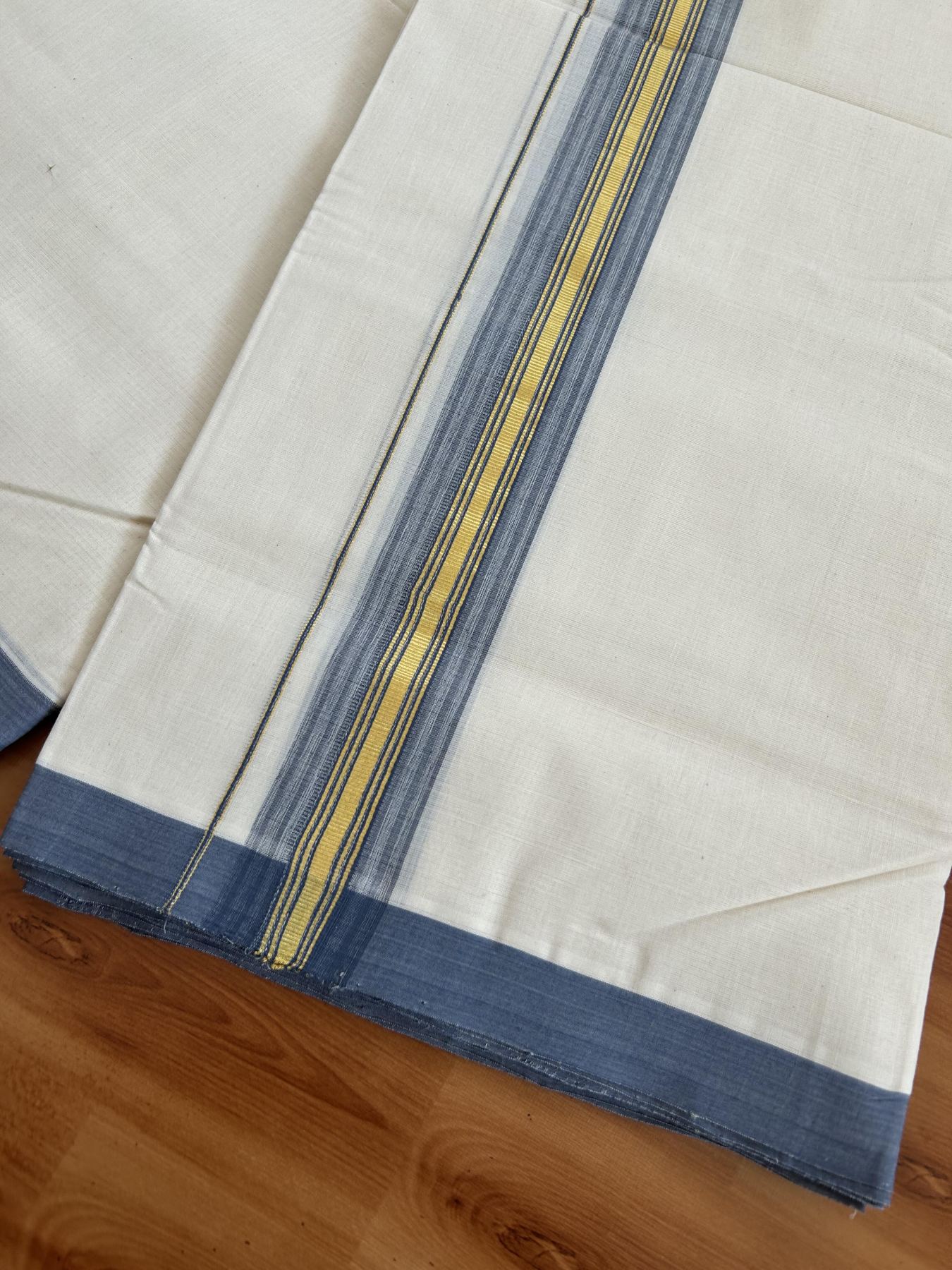 25% Discount! KaithariKada Handloom Millpaav - Kerala Handloom - Cotton Double Mundu/Dhoti Off white (Unbleached) - 80x90 - 1.75 inch Gold Kasav & Ash Blue Stripes Kara 4.50 meter (10 Muzham) - 99 KK5383 RAM