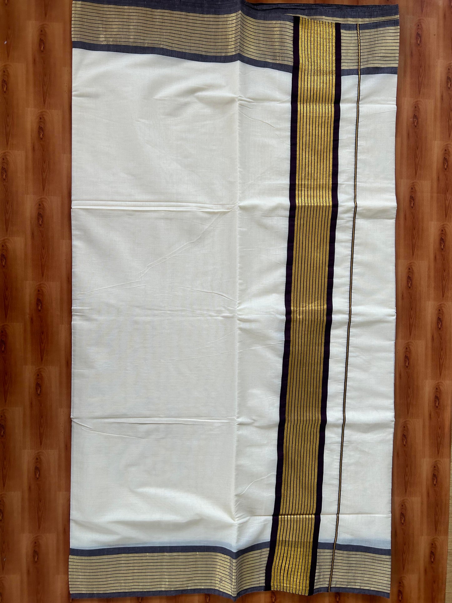 25% Discount! Kaitharikada Kerala Traditional Saree Off white- Mixed Cotton Kasavu Saree - 4 Inch  Pallu - Gold Kasav & Brown Striped Kara - 9 KK7000 PMC