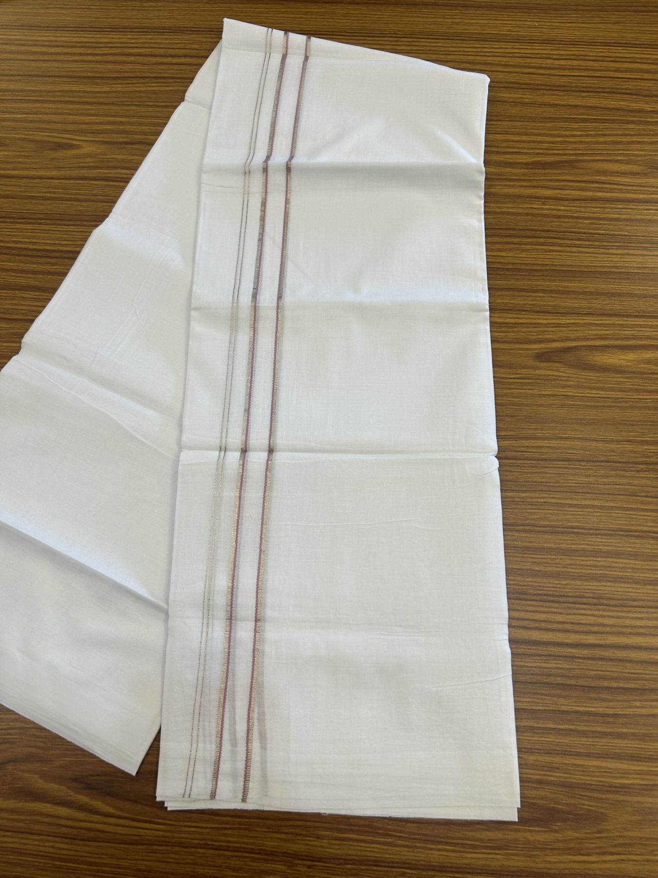 20% Discount! KaithariKada Balaramapuram 100% Cotton Double Pure white Mundu/Dhoti- 100x80 - 1 inch Silver Lavender Pink Striped One Side Chutty kara - 3.75 mtr ( 8 muzham) - 64 KK5315 VAS