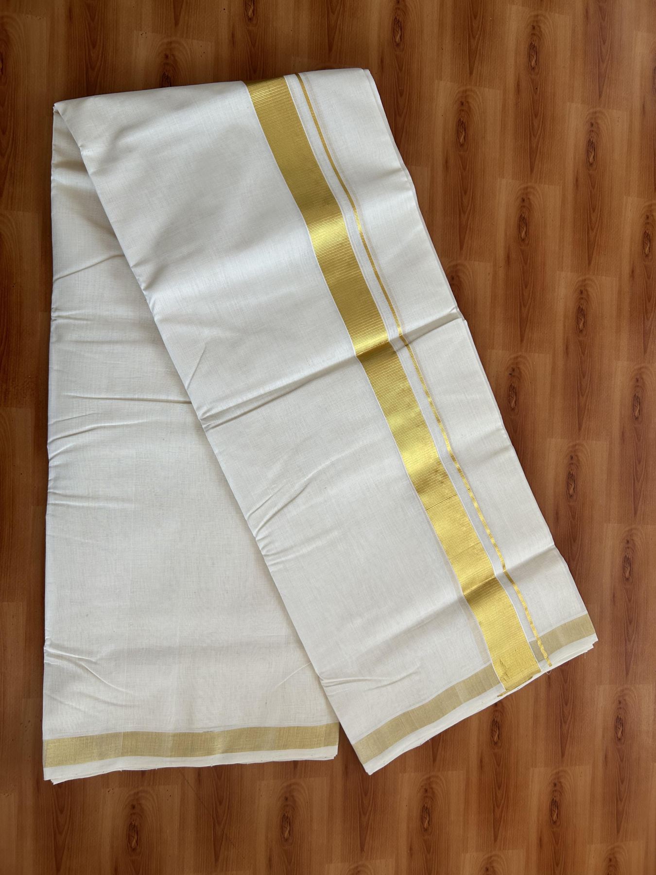 25% Discount! KaithariKada Handloom Millpaav - Kerala Handloom - Cotton Double Mundu/Dhoti Off white (Unbleached) - 80x90 - 1.5 inch Gold Kasav Kara 4.50 meter (10 Muzham) - 95 KK5383 RAM