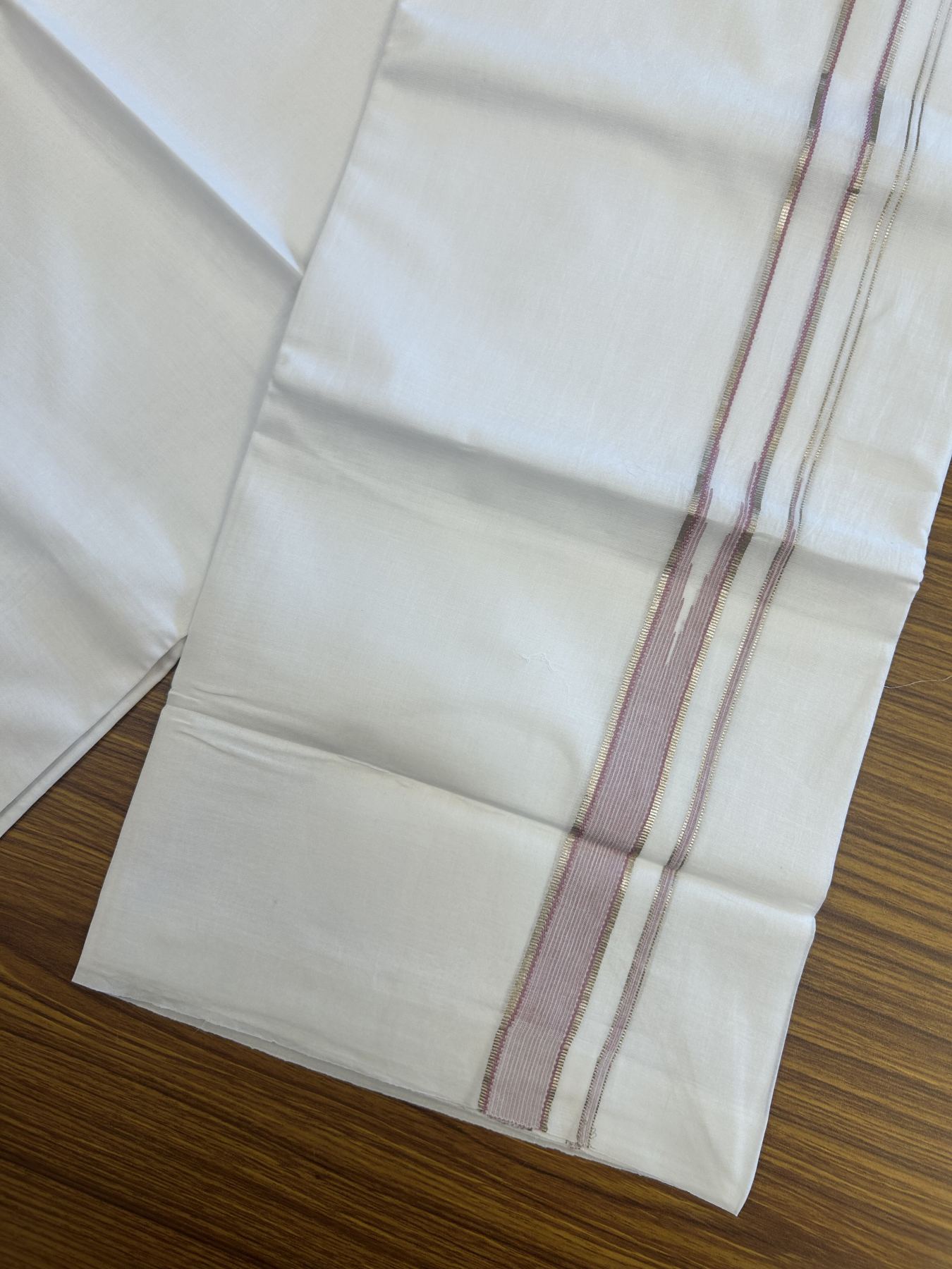 20% Discount! KaithariKada Balaramapuram 100% Cotton Double Pure white Mundu/Dhoti- 100x80 - 1 inch Silver Lavender Pink Striped One Side Chutty kara - 3.75 mtr ( 8 muzham) - 64 KK5315 VAS