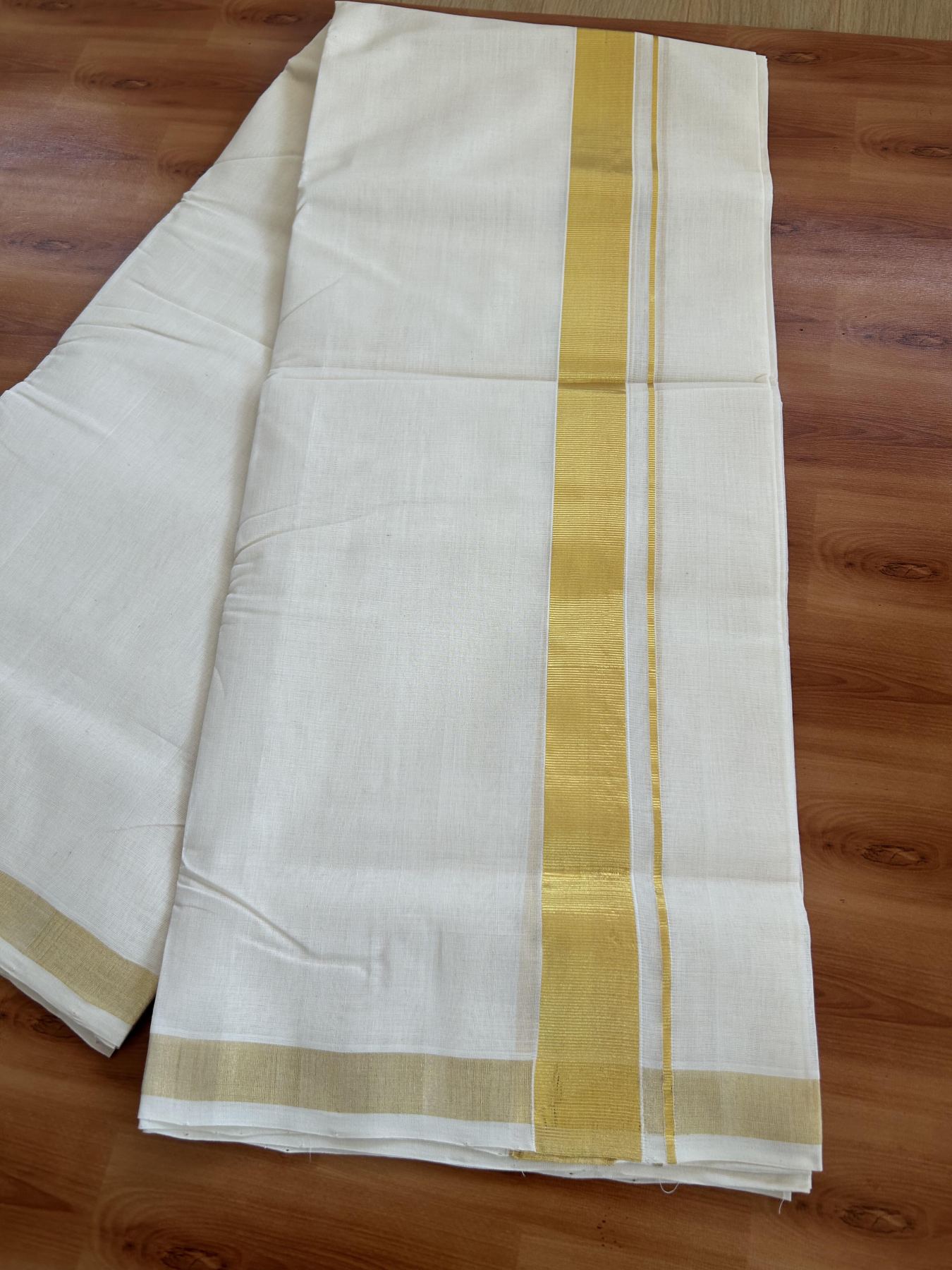 25% Discount! KaithariKada Handloom Millpaav - Kerala Handloom - Cotton Double Mundu/Dhoti Off white (Unbleached) - 80x90 - 1.5 inch Gold Kasav Kara 4.50 meter (10 Muzham) - 95 KK5383 RAM