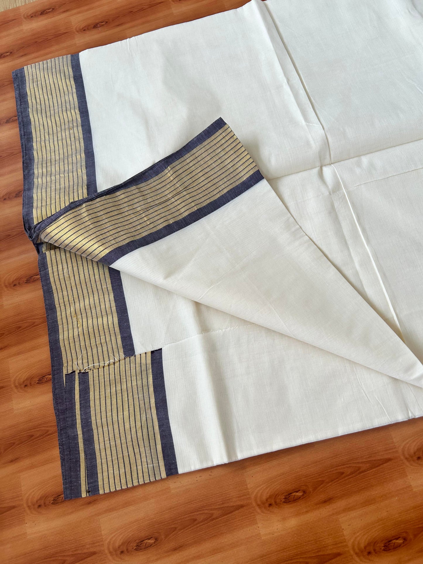 25% Discount! Kaitharikada Kerala Traditional Saree Off white- Mixed Cotton Kasavu Saree - 4 Inch  Pallu - Gold Kasav & Brown Striped Kara - 9 KK7000 PMC