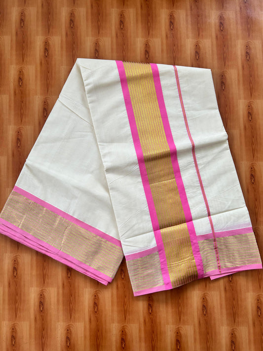 25% Discount! Kaitharikada Kerala Traditional Saree Off white- Mixed Cotton Kasavu Saree - 4.25 Inch  Pallu - Gold Kasav & Rose Pink Striped Kara - 8 KK7000 PMC