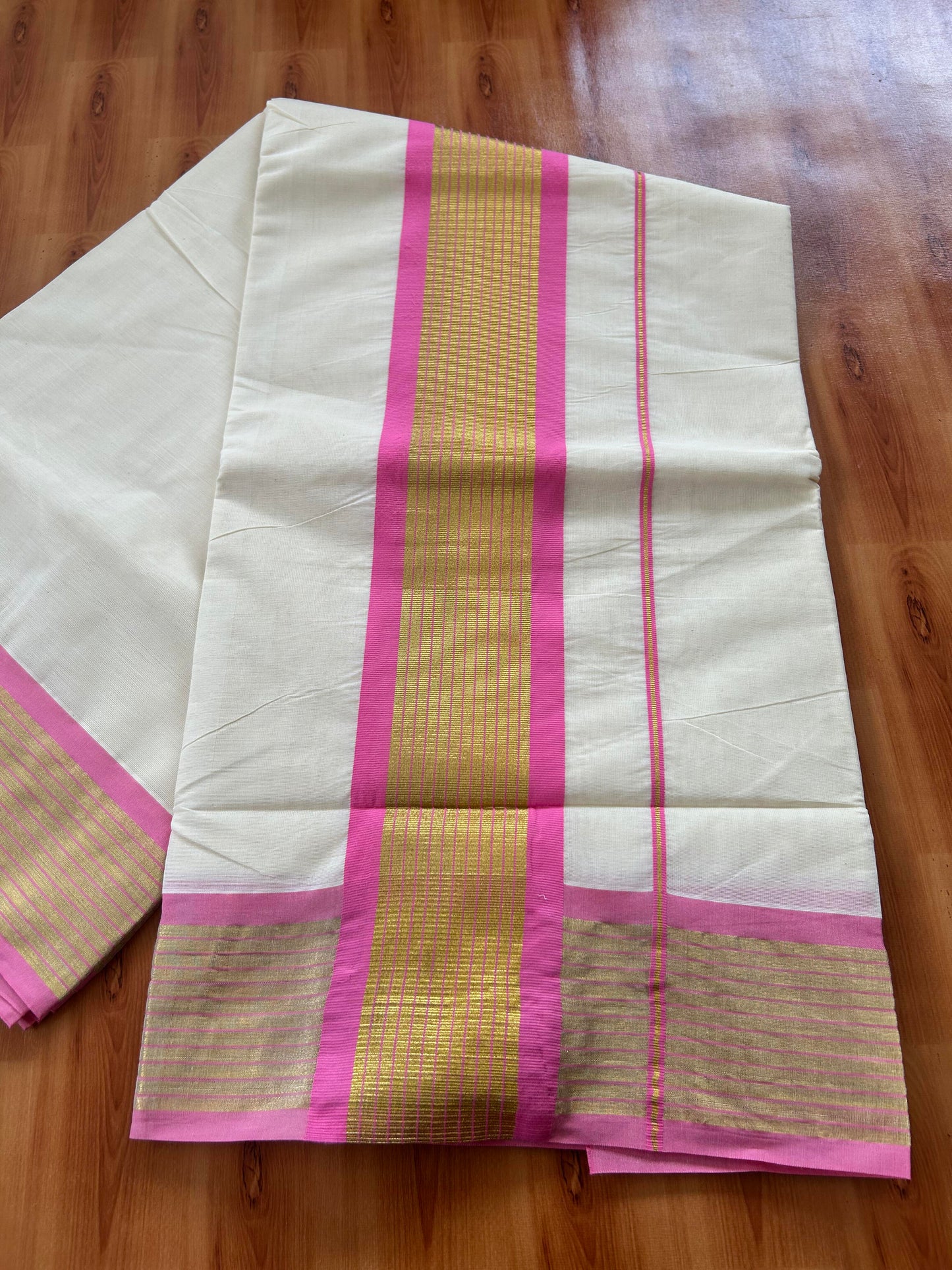 25% Discount! Kaitharikada Kerala Traditional Saree Off white- Mixed Cotton Kasavu Saree - 4.25 Inch  Pallu - Gold Kasav & Rose Pink Striped Kara - 8 KK7000 PMC