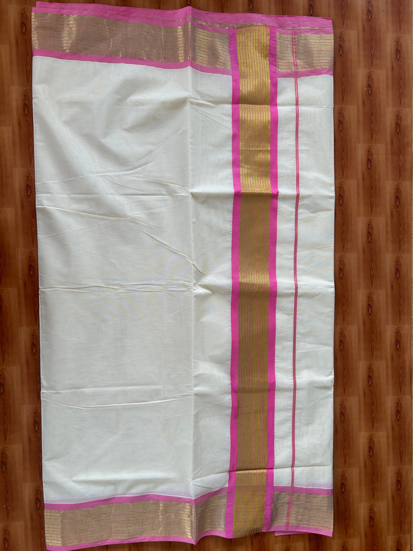 25% Discount! Kaitharikada Kerala Traditional Saree Off white- Mixed Cotton Kasavu Saree - 4.25 Inch  Pallu - Gold Kasav & Rose Pink Striped Kara - 8 KK7000 PMC