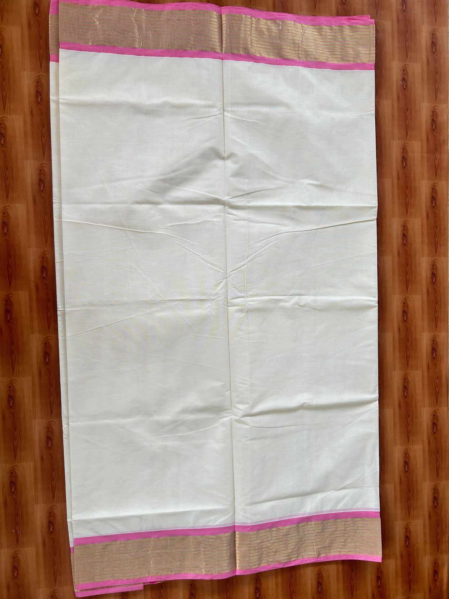 25% Discount! Kaitharikada Kerala Traditional Saree Off white- Mixed Cotton Kasavu Saree - 4.25 Inch  Pallu - Gold Kasav & Rose Pink Striped Kara - 8 KK7000 PMC