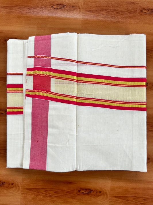 Double Off White - (Unbleached) Mundu/Dhoti - 20% Discount! KaithariKada Balaramapuram Pure Cotton - 80s - 2.25 inch Gold Kasav & Center Tissue Reddish Pink Striped Kara - 4 mtr (8.5 Muzham) - 12 KK5413 GAN