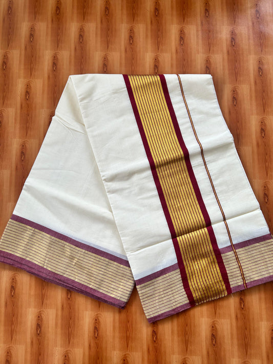 25% Discount! Kaitharikada Kerala Traditional Saree Off white- Mixed Cotton Kasavu Saree - 4 Inch  Pallu - Gold Kasav & Dark Brown Striped Kara - 12 KK7000 PMC