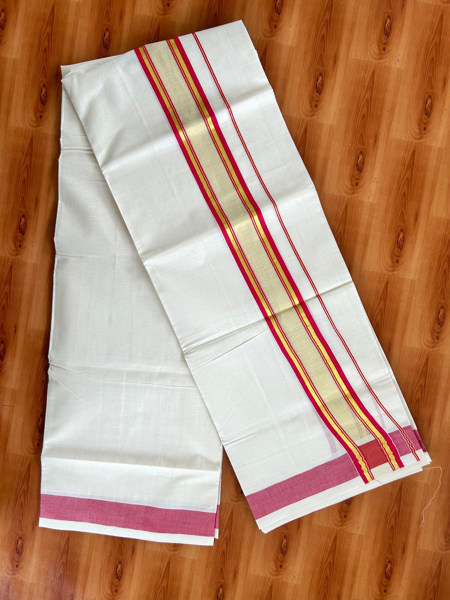 Double Off White - (Unbleached) Mundu/Dhoti - 20% Discount! KaithariKada Balaramapuram Pure Cotton - 80s - 2.25 inch Gold Kasav & Center Tissue Reddish Pink Striped Kara - 4 mtr (8.5 Muzham) - 12 KK5413 GAN