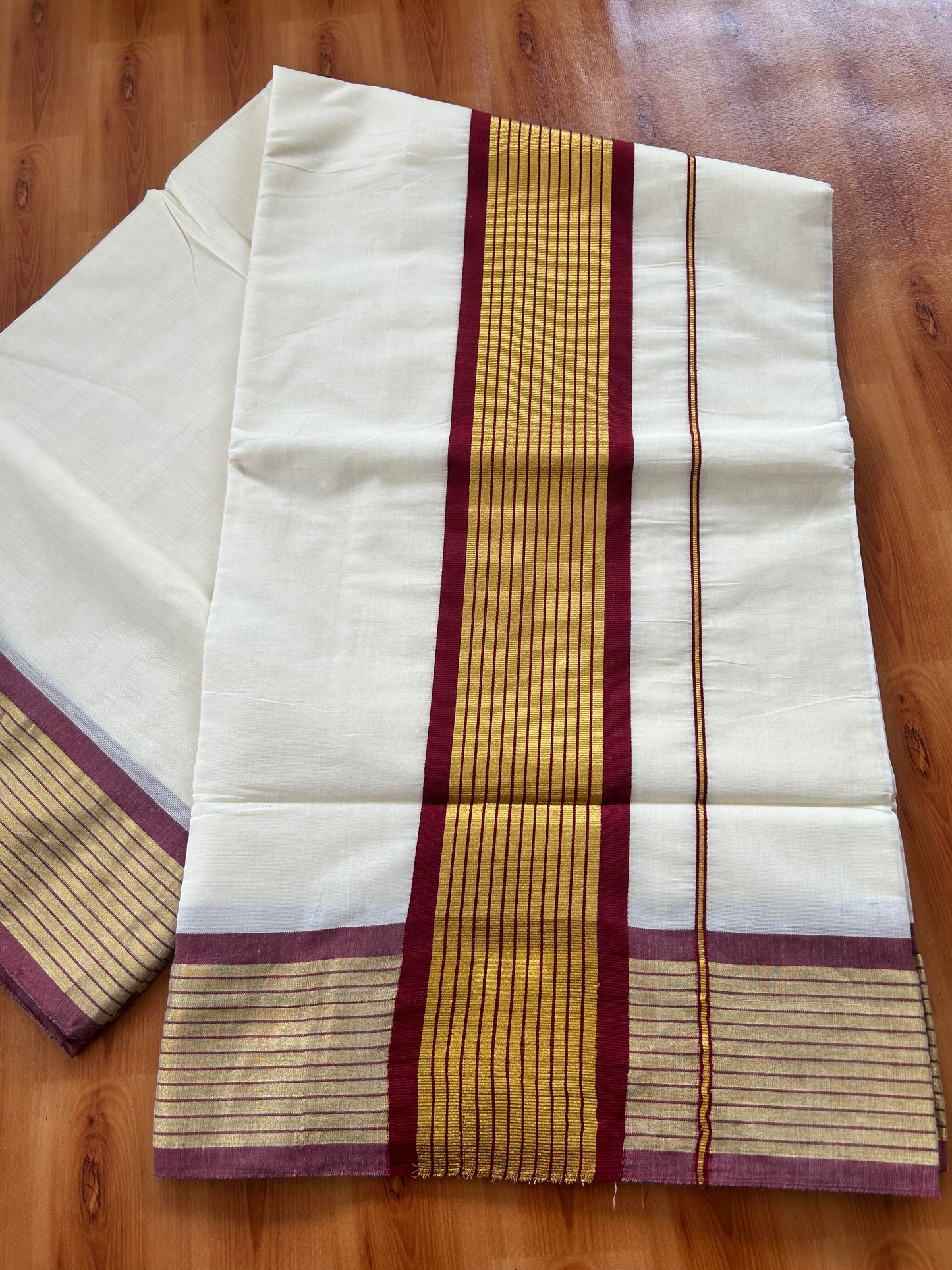 25% Discount! Kaitharikada Kerala Traditional Saree Off white- Mixed Cotton Kasavu Saree - 4 Inch  Pallu - Gold Kasav & Dark Brown Striped Kara - 12 KK7000 PMC