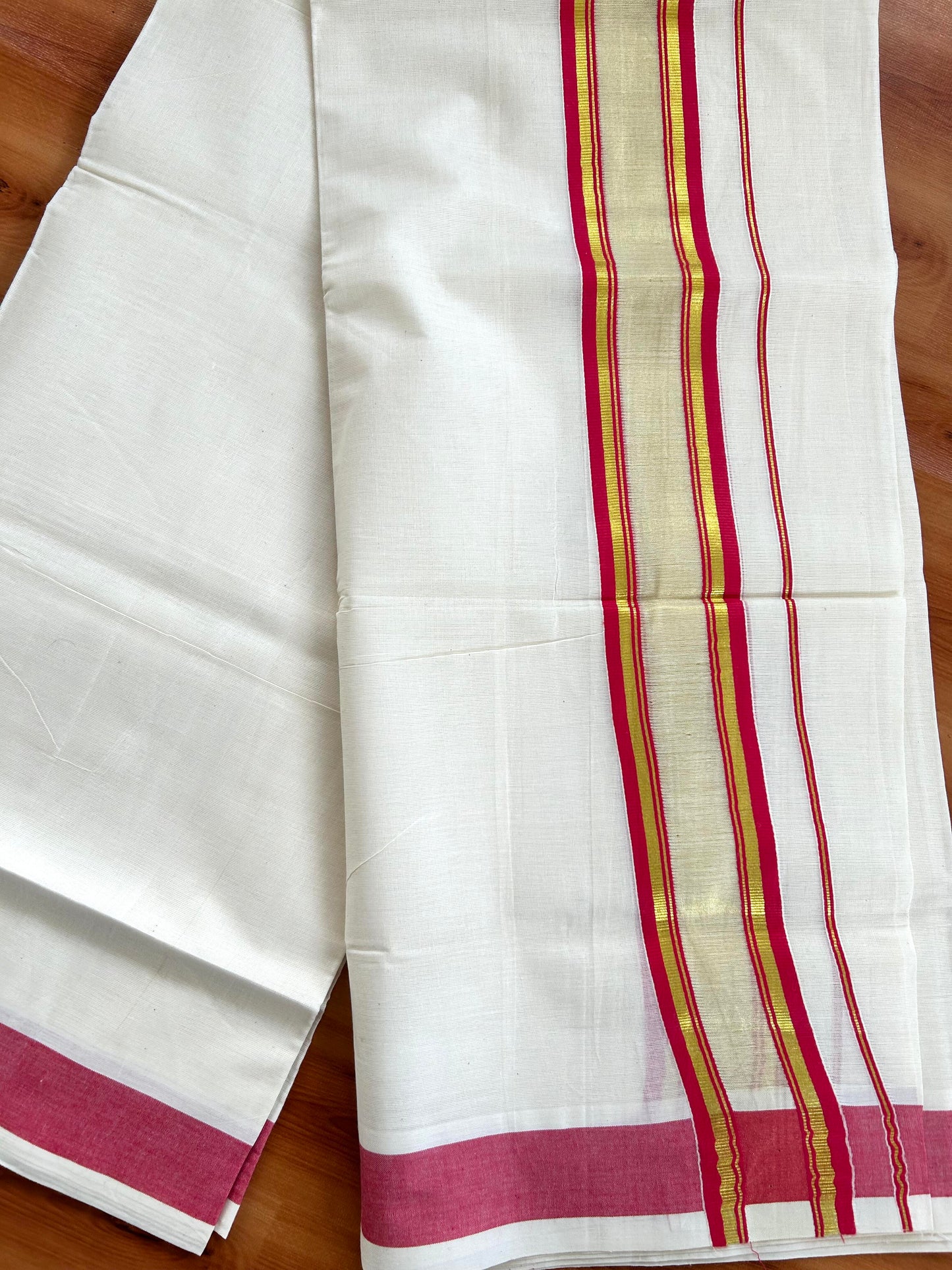 Double Off White - (Unbleached) Mundu/Dhoti - 20% Discount! KaithariKada Balaramapuram Pure Cotton - 80s - 2.25 inch Gold Kasav & Center Tissue Reddish Pink Striped Kara - 4 mtr (8.5 Muzham) - 12 KK5413 GAN